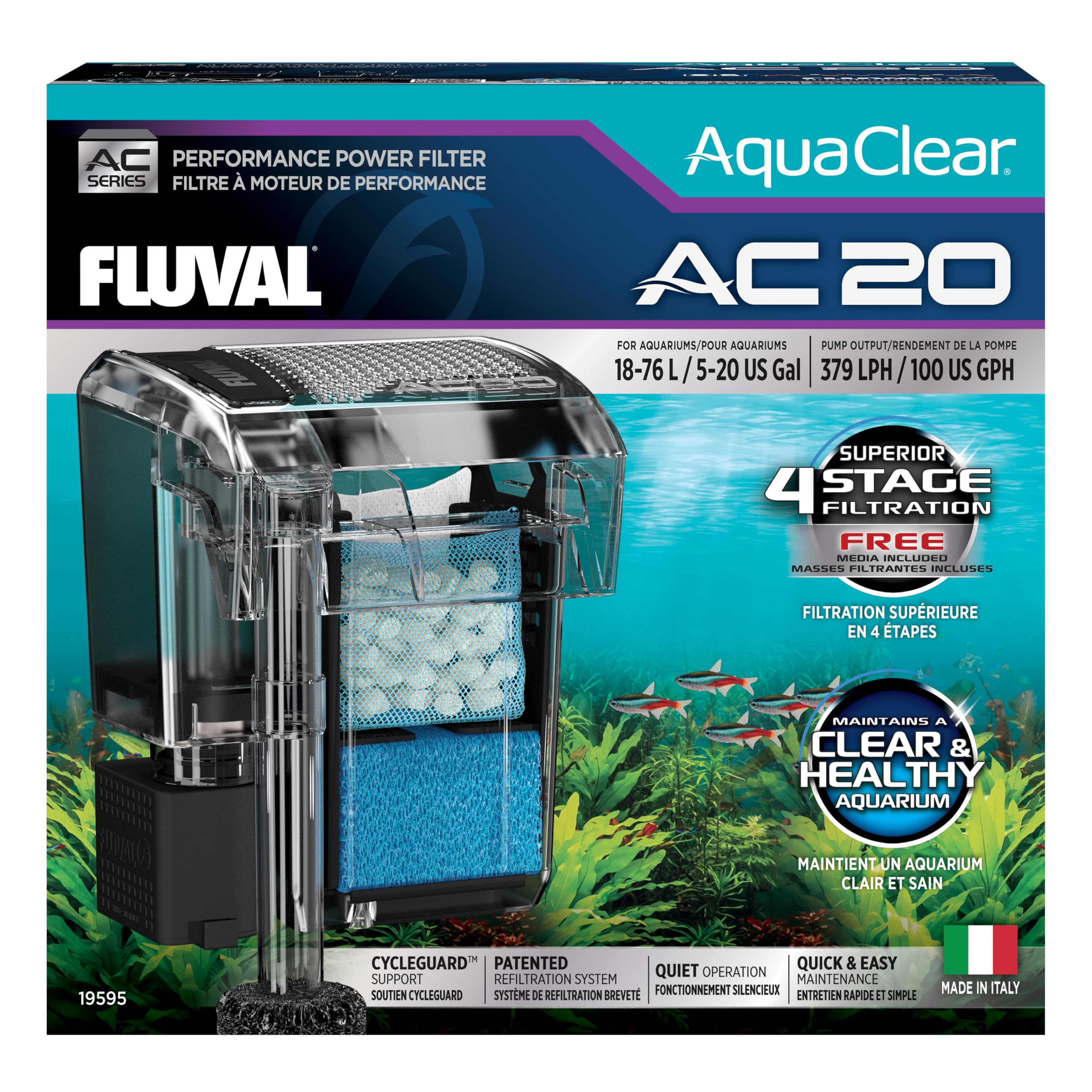 Fluval Filtro de Mochila para Acuario AquaClear AC20, 379 lph