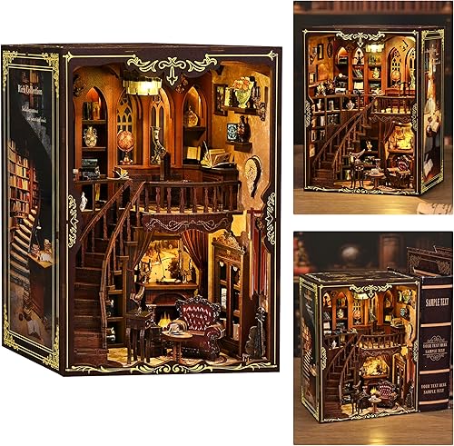 Miniatura 14 de ISSEVE Kit de Rincón de Libros DIY, Rompecabezas de Madera 3D Kit de Casa en Miniatura DIY para Inserción Decorativa de Estantería Booknook, Soporte