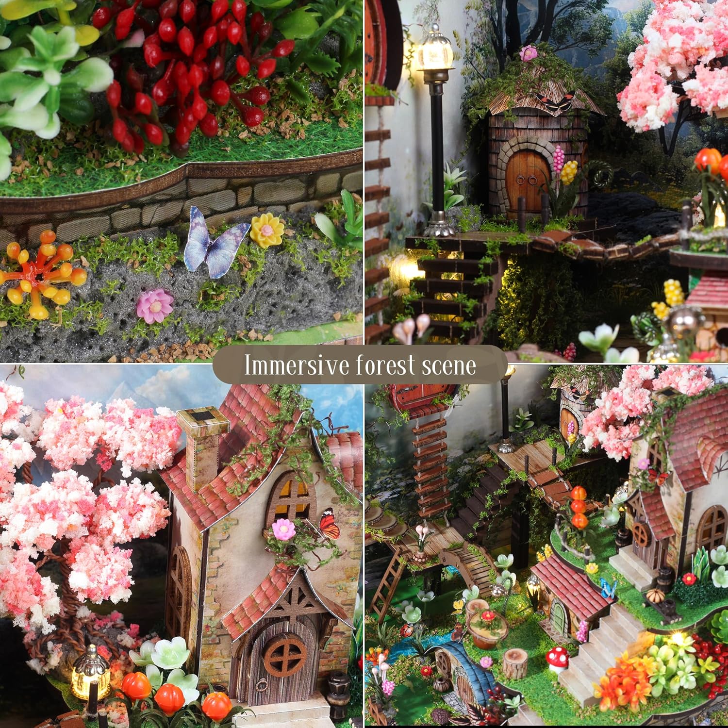 DIY Miniature Dollhouse Kit, Forest Fairyland with Cherry Blossom Tree, Tiny House Building Kit for Adults DIY Crafts Birthday for Family Friends