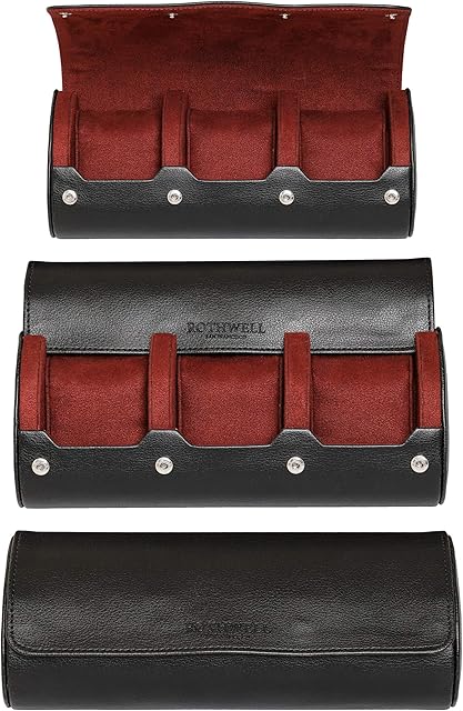 ROTHWELL Watch Roll Travel Case for 3 Watches | Tough Portable Protection, Fits All Wrist Watches & Smart Watches Up to 50mm (Black / Red)