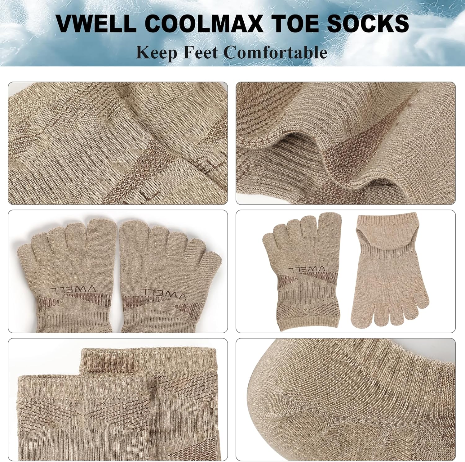 VWELL No Show Toe Socks for Men Women COOLMAX Five Finger Socks Athletic Running Ankle Low Cut 5 Toe Socks (3Pairs)