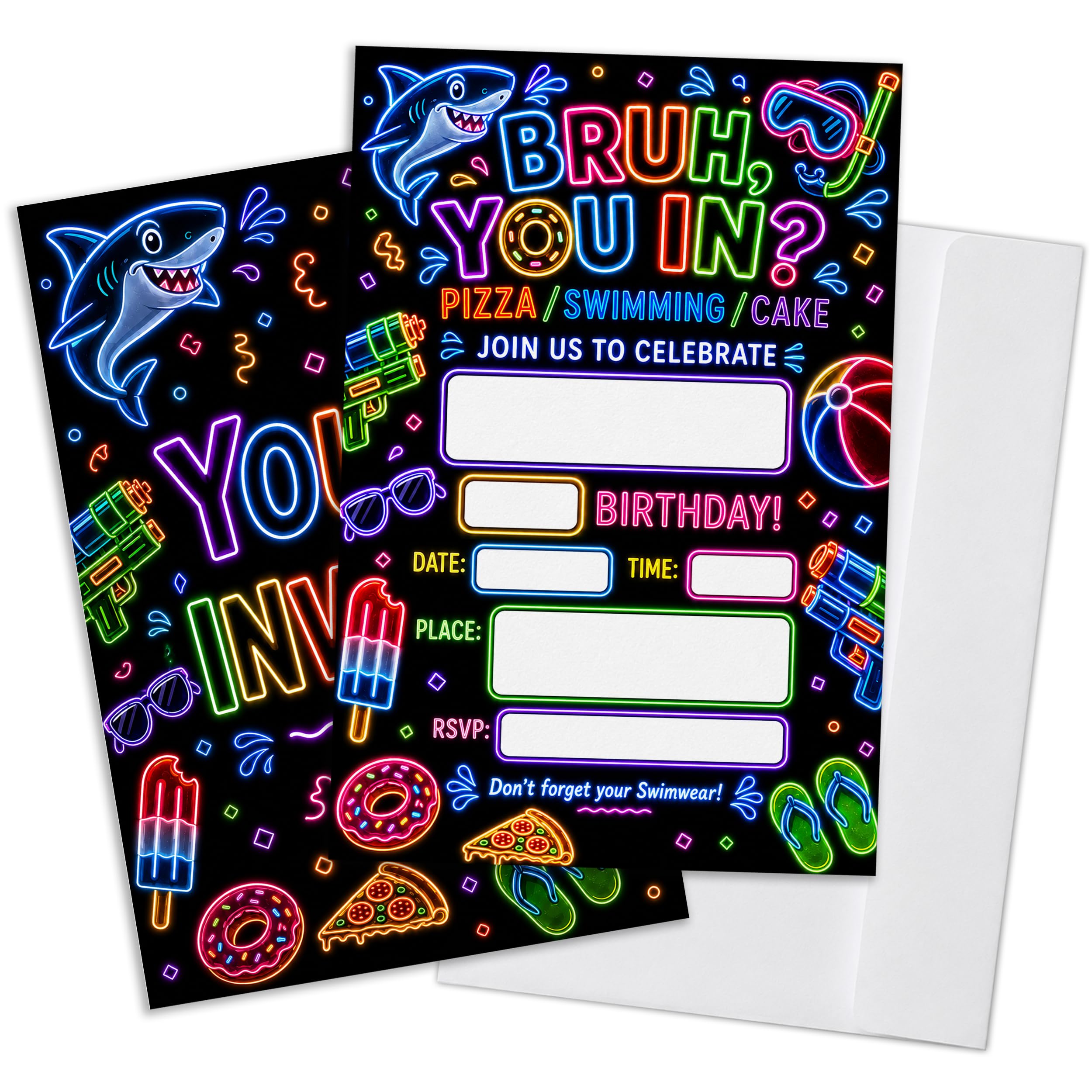 Qoamp Neon Glow Bruh Boys Birthday Invitations, Pool Birthday Party Invitations for Boys, Set of 20 Invites Cards Fill in Blank with Envelopes, Double Sided, 4x6 Inches