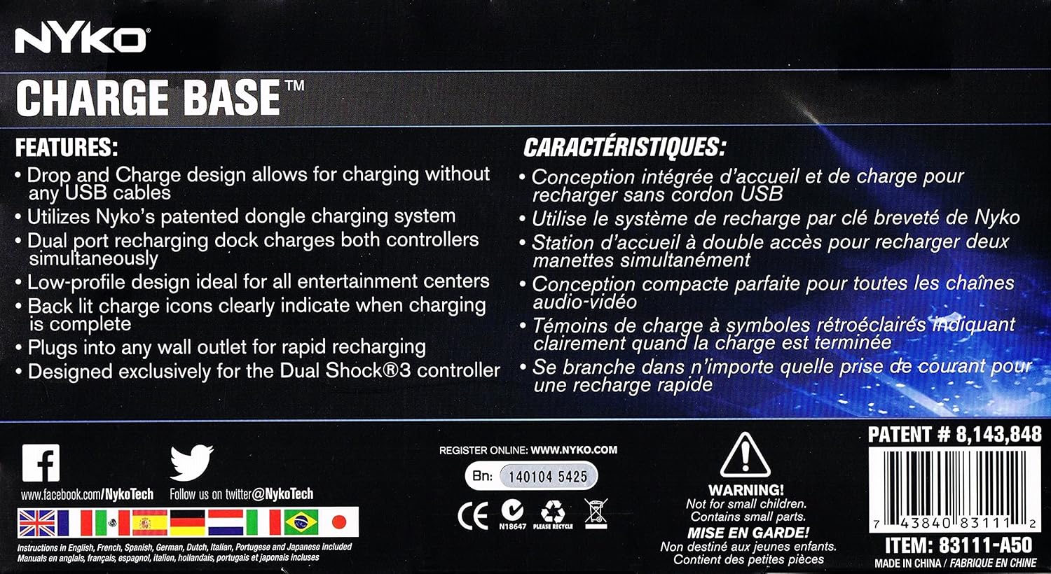 Nyko Charge Base - 2 Port Controller Charger with 2 USB Charge Adapters for PlayStation 3