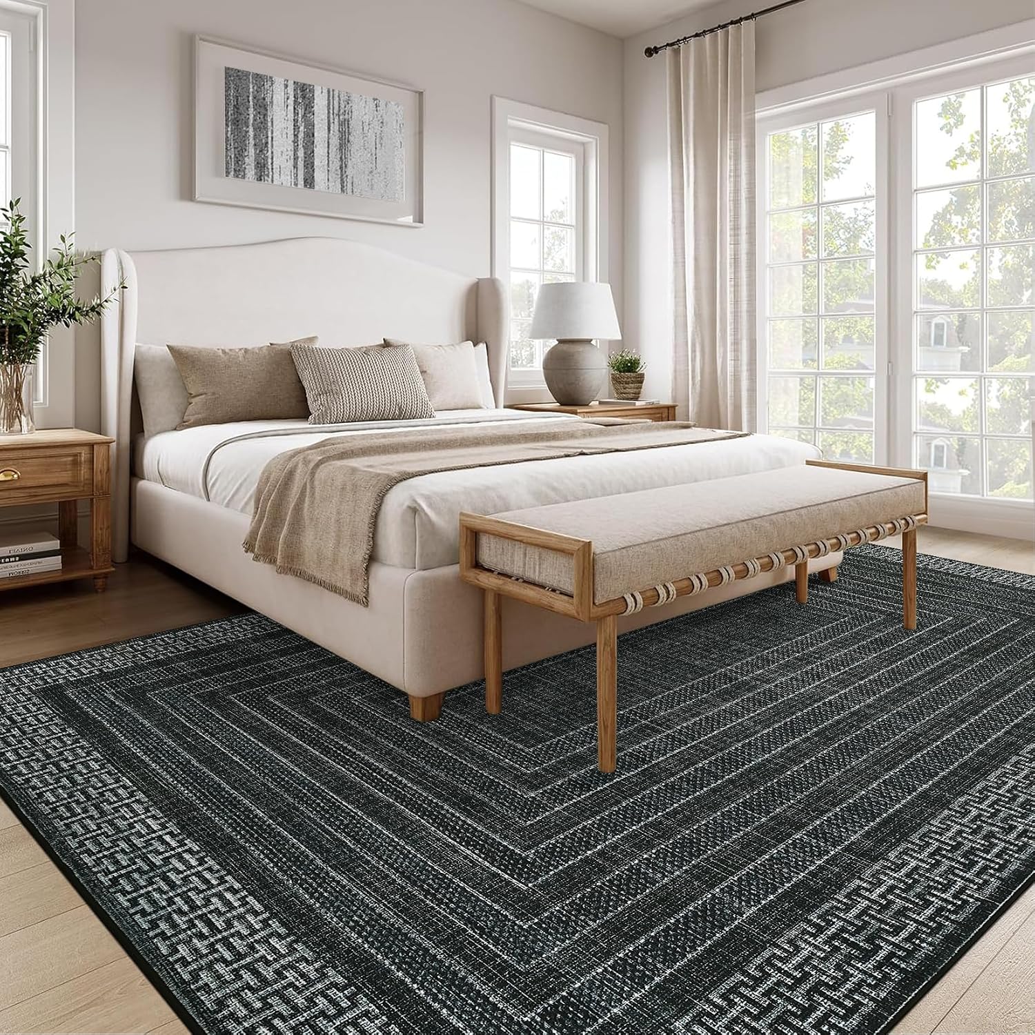 GarveeHome Modern 8x10 Area Rugs for Living Room, Washable Geometric Soft Non Slip Bedroom Rugs, Ultra Thin Low Pile Stain Resistant Large Carpet for Dining Room Office, Black