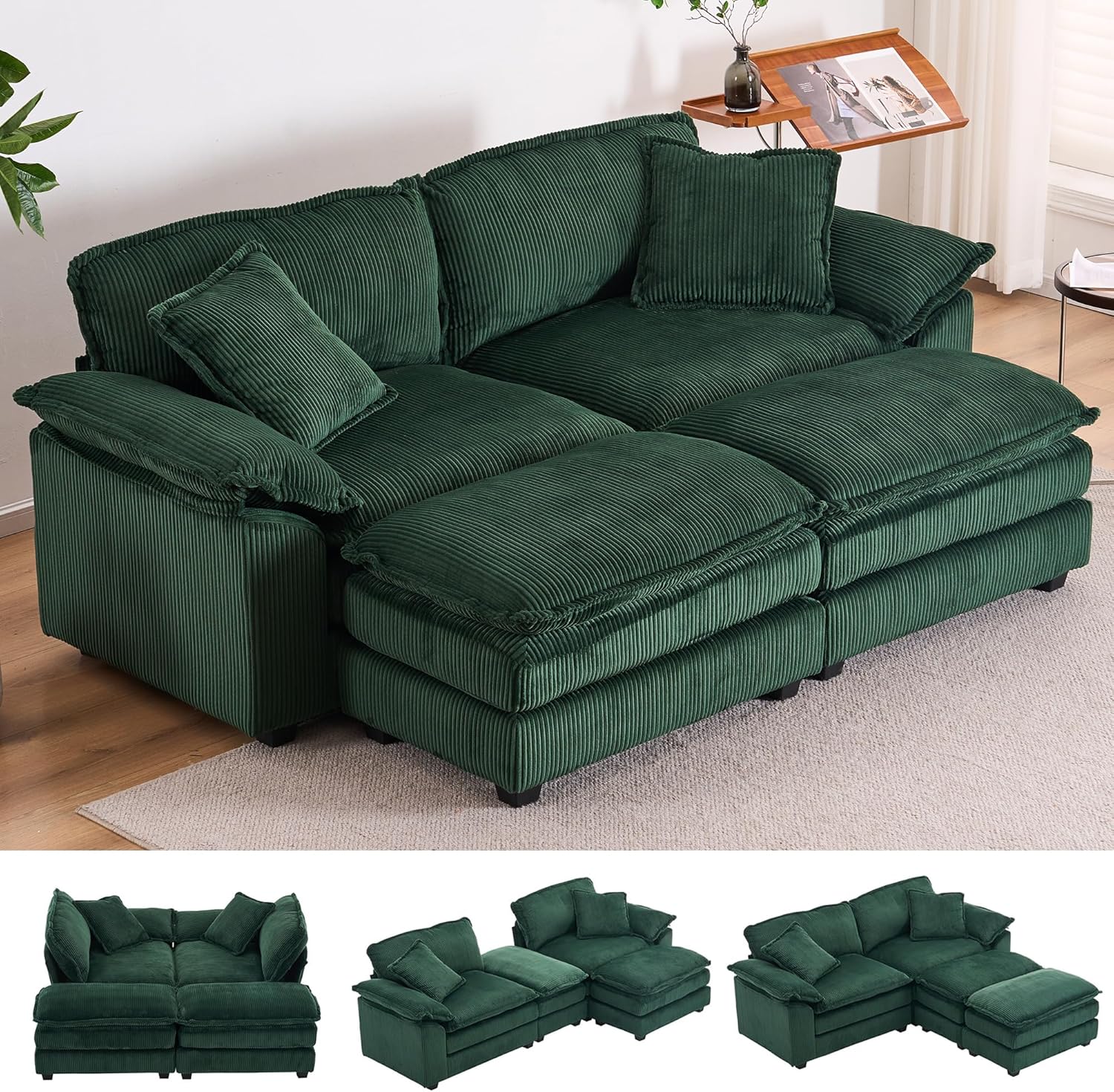 84.6" Sectional Sofa Couch, Loveseat Sofa Chaise Lounge, Modern Modular Convertible Couch, 2 Ottomans, 2 Pillows, Corduroy Upholstered Recliner for Living Room, Apartment, Christmas Green
