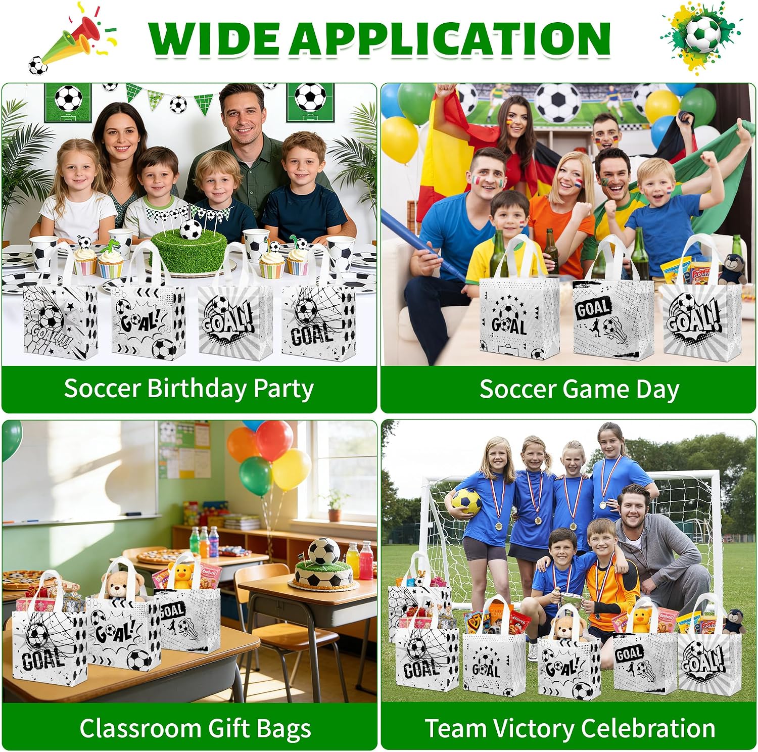 Soarvita 12 Pack Soccer Goodie Bags with Handles: Soccer Party Favor Bags for Treat Candy & Snacks - Reusable Non-Woven Small Gift Bags for Kids Birthday, Sports Events, Game Day & School Activities