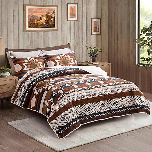 Miniatura 2 de Southwestern - Juego de edredón tribal occidental, rústico, azteca, nativo americano, navajo, juego de ropa de cama de 3 piezas, color beige, gris