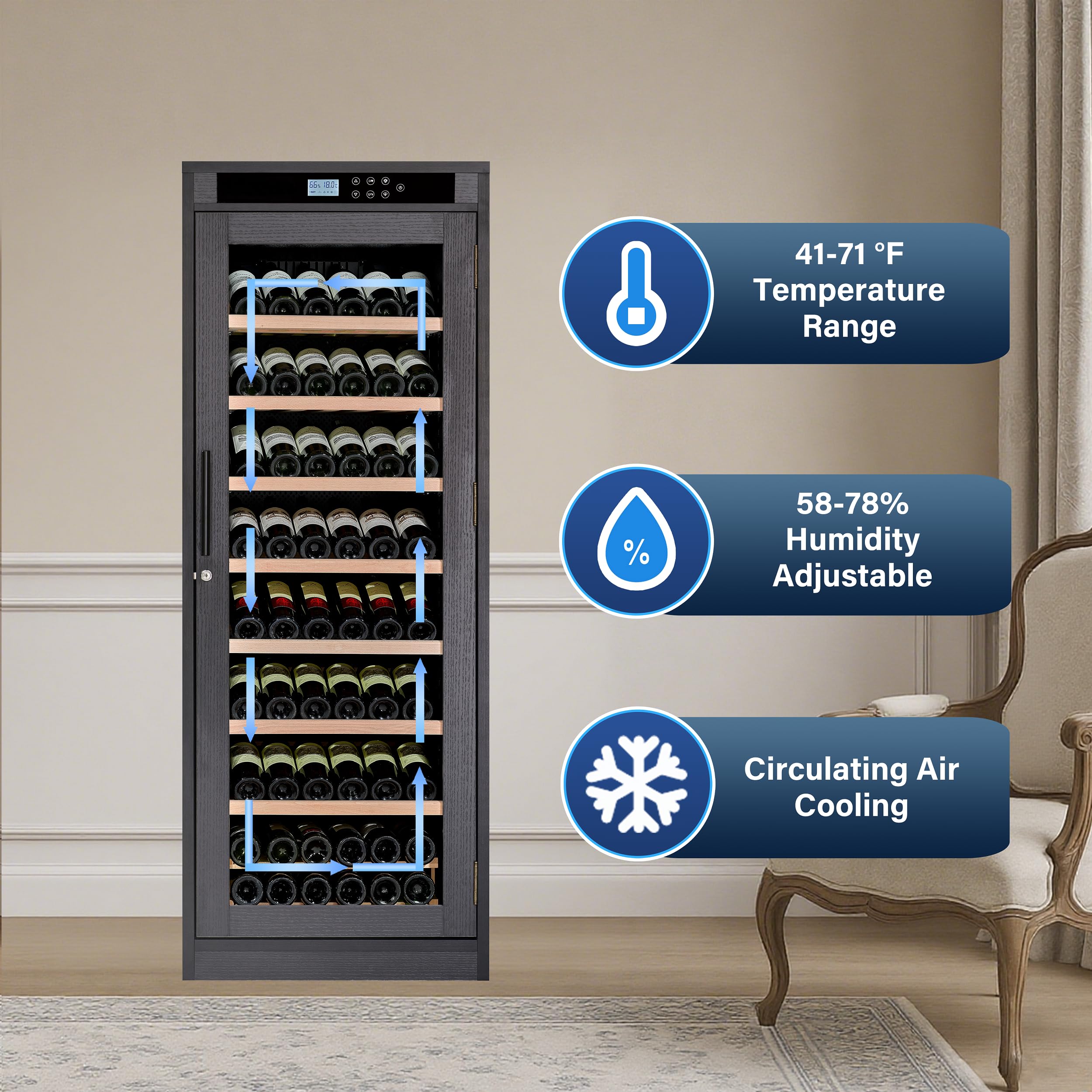 Relaxcabine 102 Bottles Wine Cooler Multi-Tiered, Intelligent Temperature-Controlled 10.6 Ft³ Wine Cabinet, Dual Layer Tempered Glass Door, Black Wood Exterior For Home, Kitchen Or Bar on Fridge.com - View 3