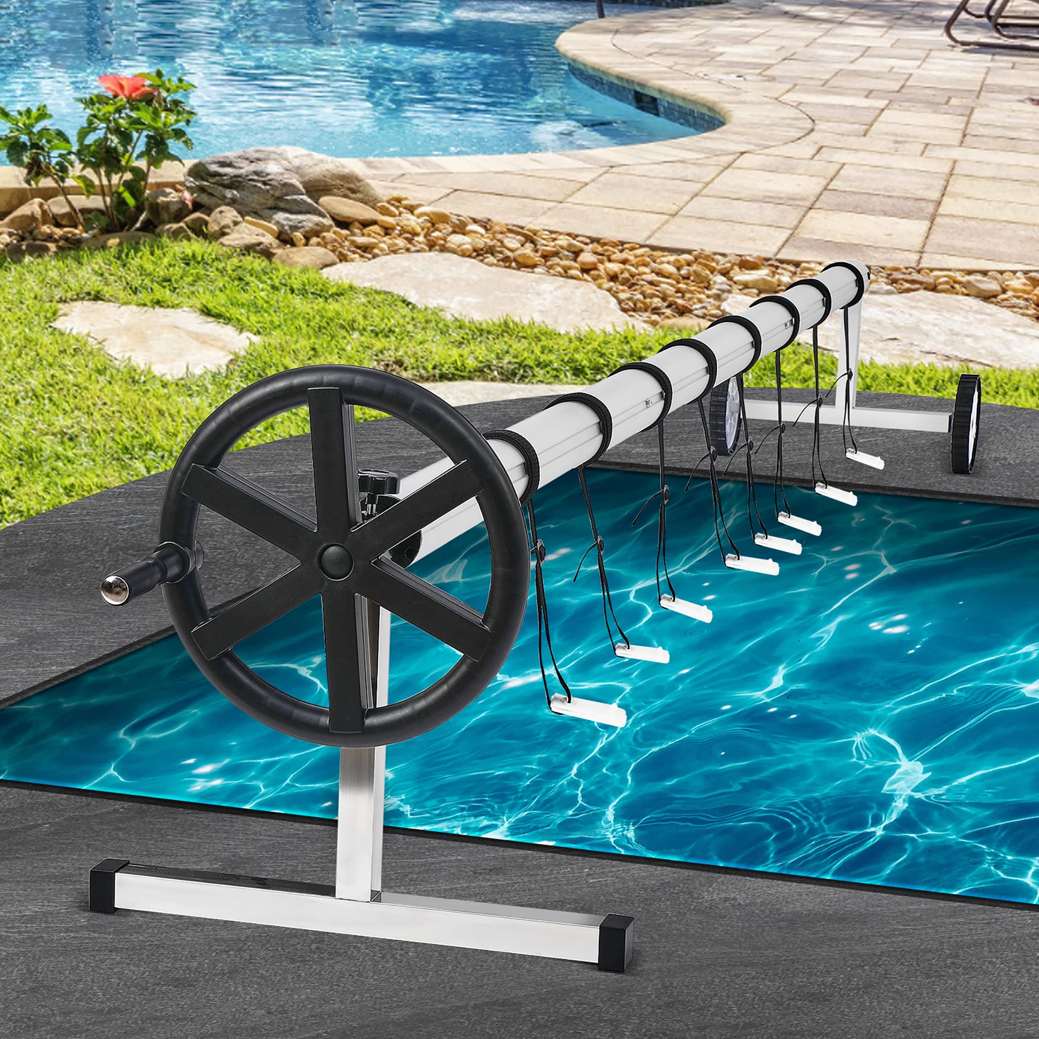 FIVMEN Pool Aufroller Poolabdeckung 3-5,7m Aufrollvorrichtung Mobiles für Plane, Premium Aufrollsystem inkl. Bänder Einstellbar Poolaufroller, Typ A