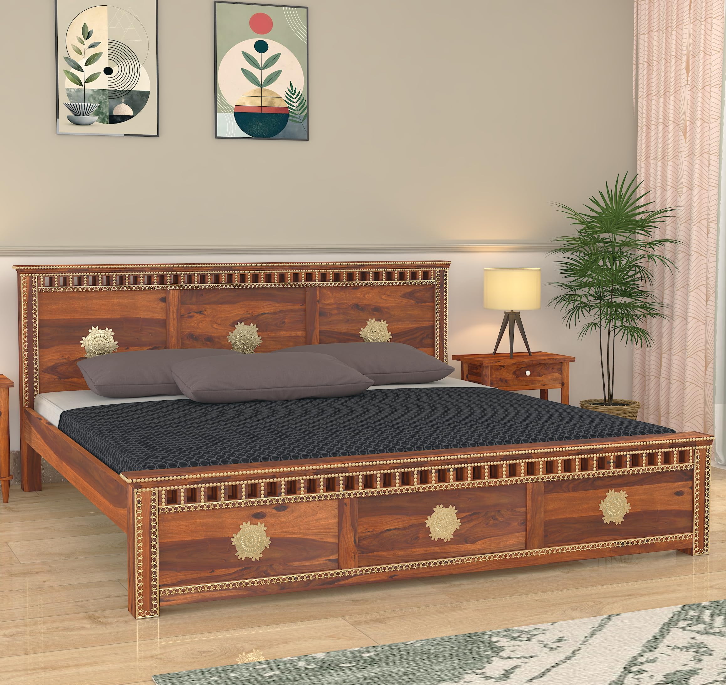RJ ART Wooden Queen Size Bed Without Storage | Kuber Design Double Bed Cot Bed with Brass Work for Bedroom & Hotel | Palang/Platform Bed | Sheesham Wood | Honey, Recommended Mattress Size: 78 X 60 X 6