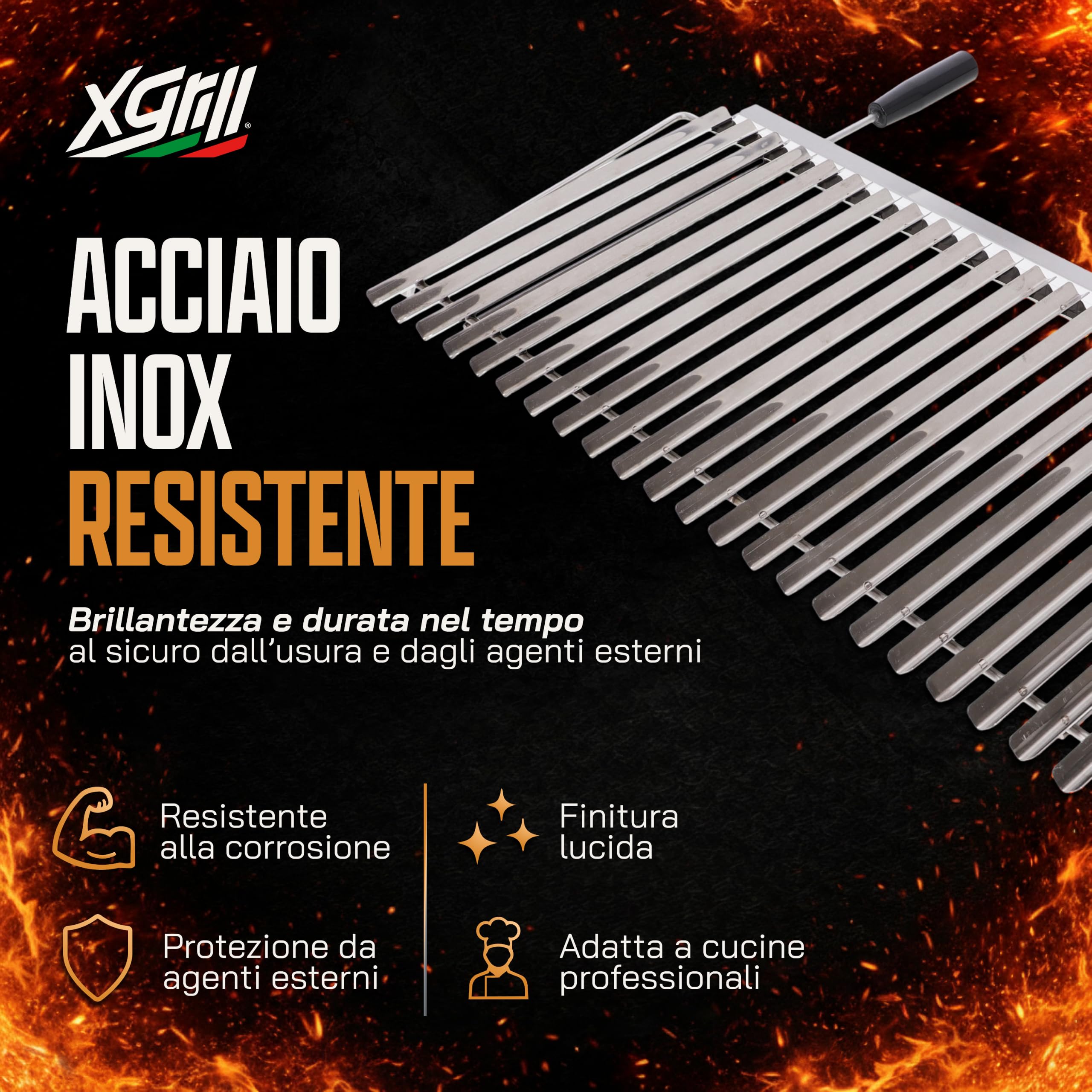 XGRILL | Griglia Barbecue 76x38 cm in Acciaio Inox con Manici Ergonomici | Griglia BBQ Professionale con Sistema Raccolta Grassi | Made in Italy