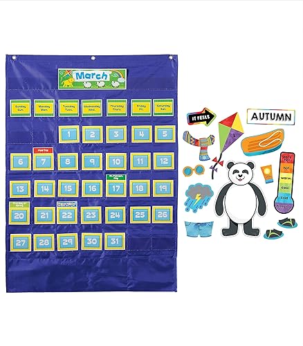 Carson Dellosa Calendario de bolsillo y tablón de anuncios meteorológico para aula y paquete de aprendizaje para niños, juego de aula de reuniones
