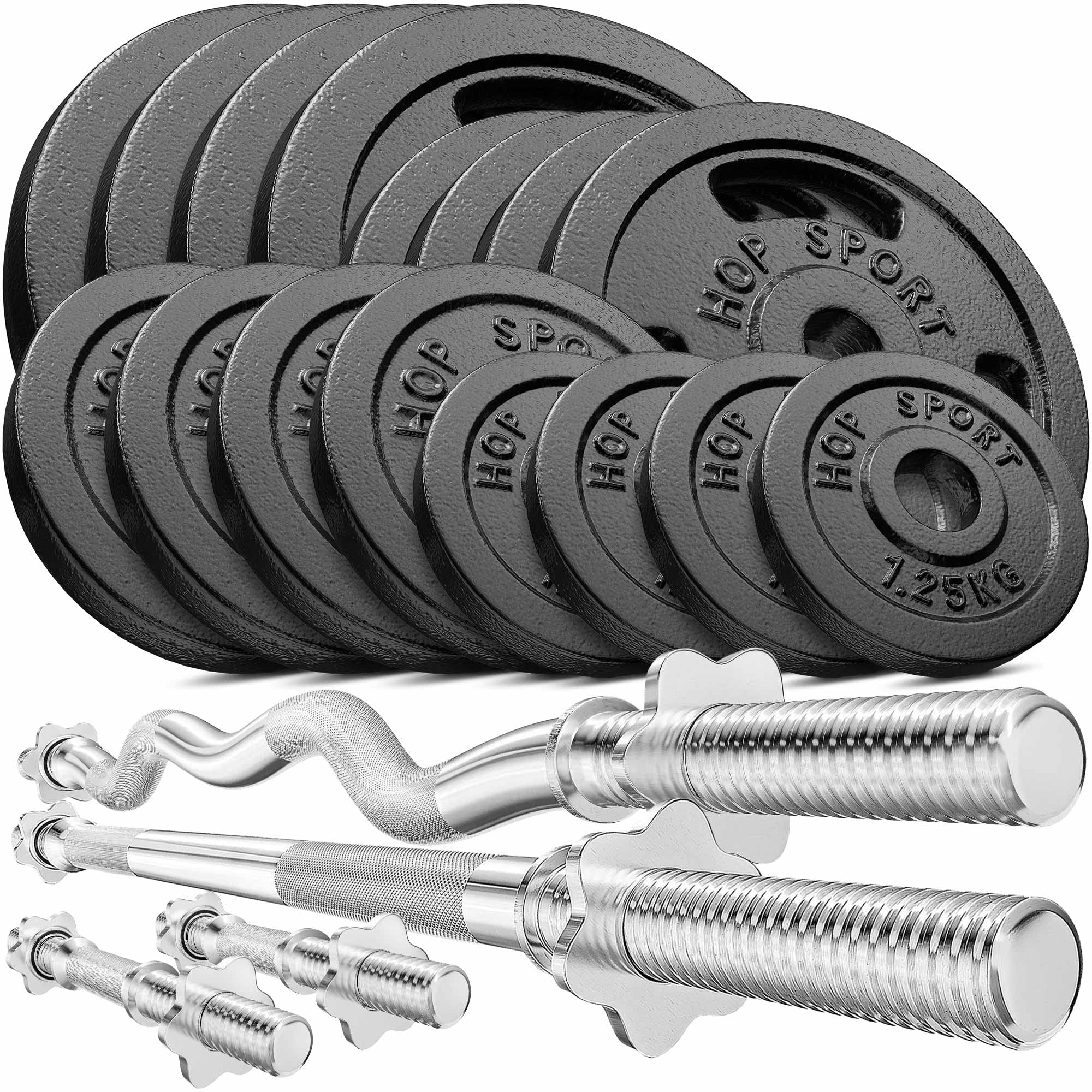 Hop-Sport GUSS Hantelset 96 kg, 1x Langhantel, 1x SZ Stange & 2X Kurzhantel inkl. 16 Hantelscheiben 4x10kg/4x5kg/4x2,5kg/4x1,25kg