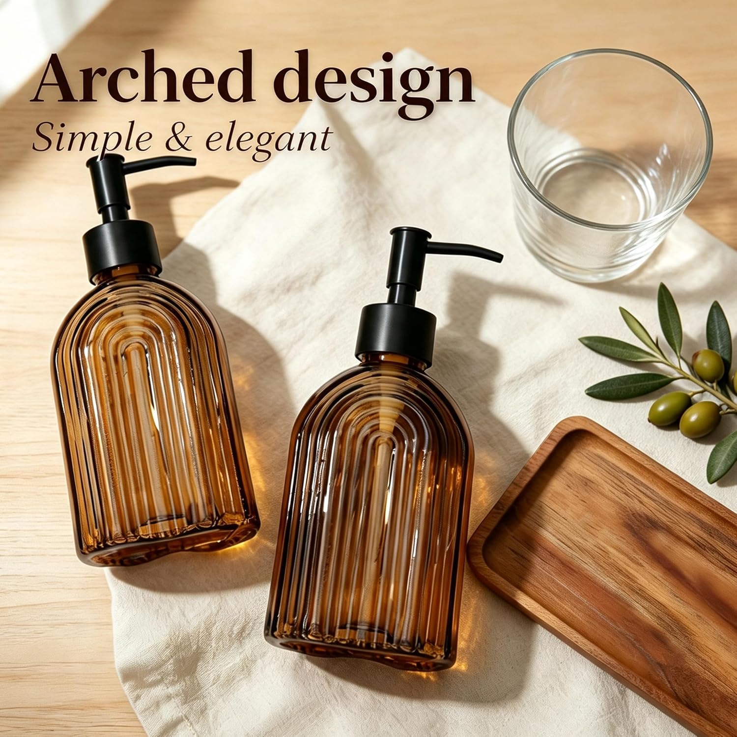 Amber Glass Soap Dispenser Set with Wood Tray, 12Oz Refillable Kitchen&Bath image 4