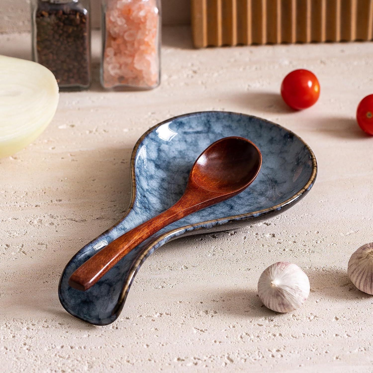 Ceramic Spoon Rest for Stove Top, 8 In Large Spoon Holder for Kitchen Counter, Porcelain Utensil Rest, Housewarming Thankgiving Christmas Gift, Dishwasher Safe Heat-Resistant, Marble Gray(1 PC)