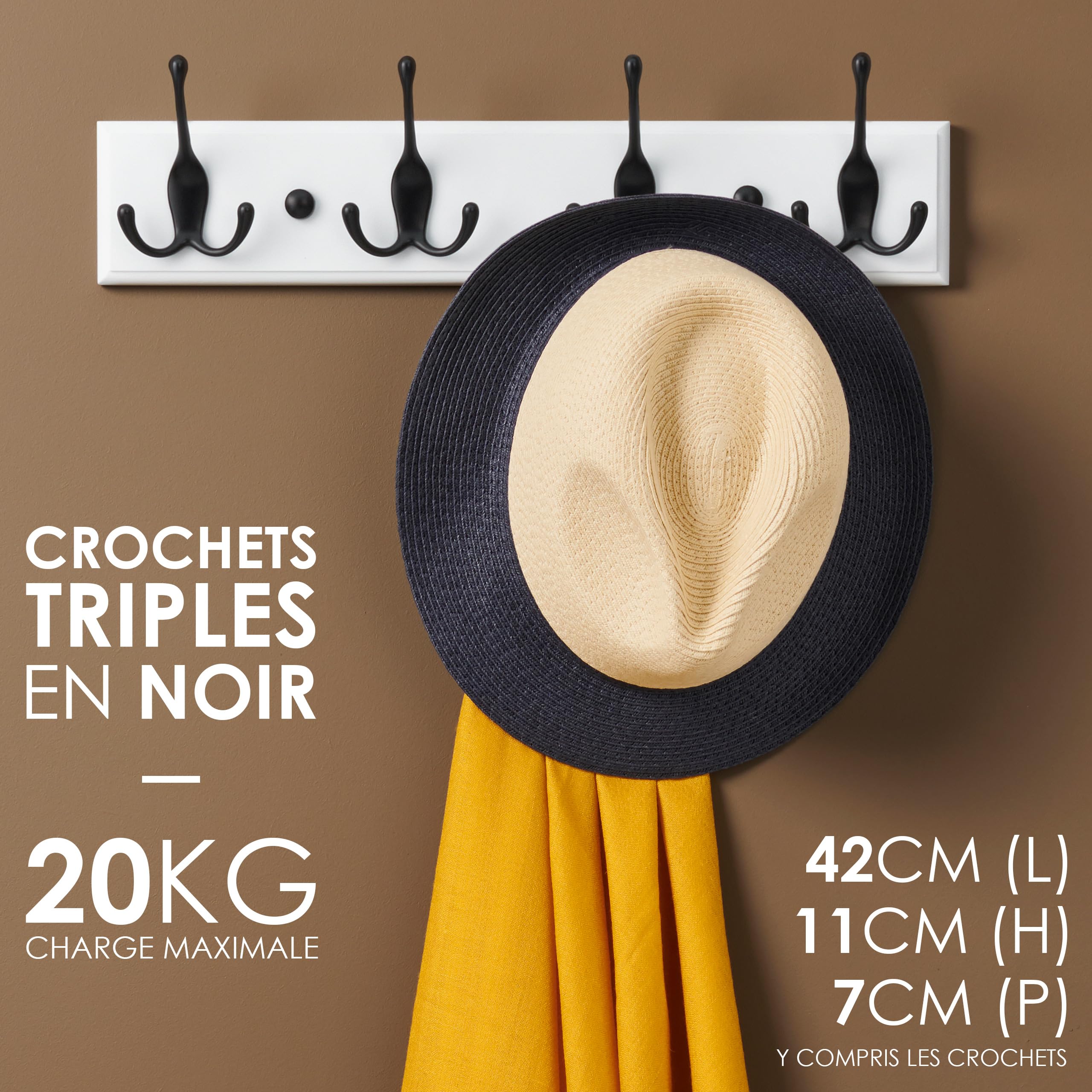Porte-manteau Mural LARHN Blanc - 4 Crochets Triples, 42cm - Bois Et Métal Pour Entrée, Chambre