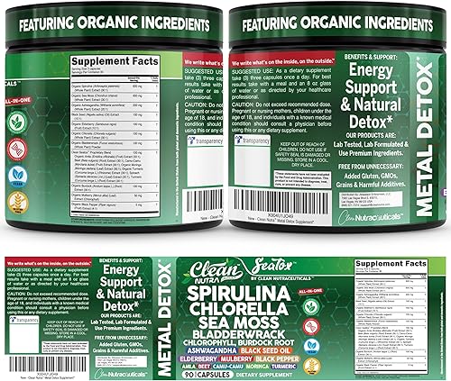 Miniatura 9 de Sea Tox Cápsulas de Espirulina y Clorella Orgánicas Limpieza Natural y Nutrición Musgo Marino Fucus Clorofila Raíz de Bardana Ashwagandha Cúrcuma 90