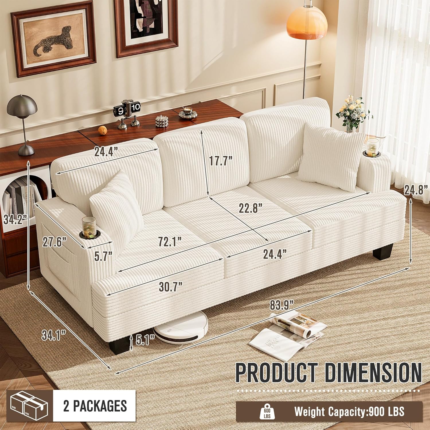 homall couches for living room, 83" couch with soft deep seats, modern sofa 3 seater in corduroy for apartment, bedroom (beige)