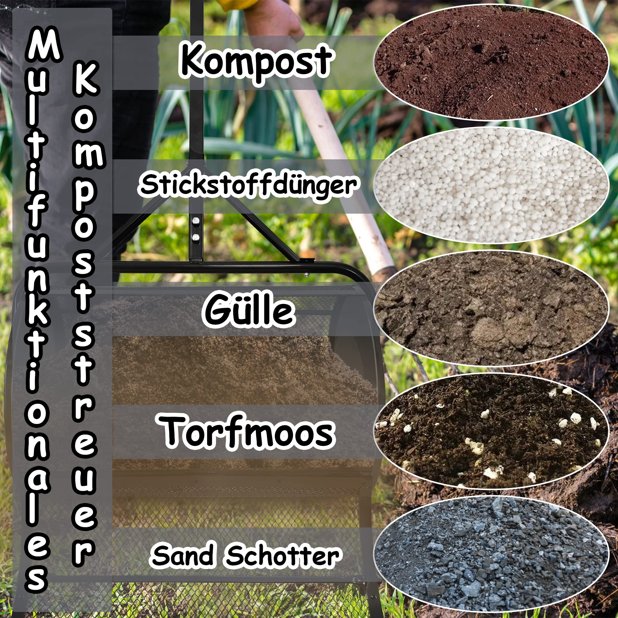 NAIZY Esparcidor de compost 40x65x110cm de acero 81L rellenable esparcidor de fertilizante de césped esparcidor de compost con mango de esponja esparcidor de semillas multiusos