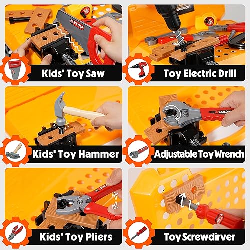 Miniatura 4 de BELLOCHIDDO Banco de herramientas para niños, banco de trabajo STEM para niños pequeños de 82 piezas con taladro eléctrico realista, juguetes de