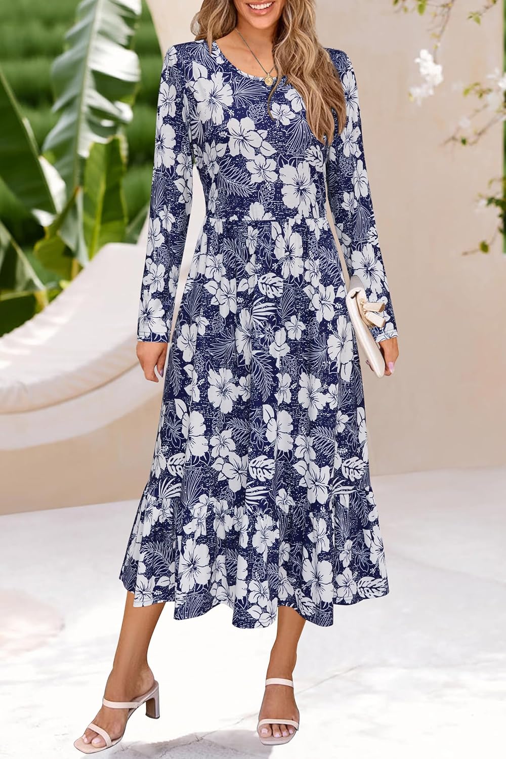 STYLEWORD Women's 2025 Fall Wedding Guest Dresses Long Sleeve Crew Neck Tiered Flowy A Line Casual Midi Dress Pockets - Image 6