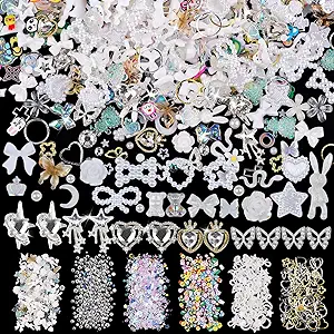 650pcs Mixed 3D Nail Charms Kit, 12pcs Luxury Metal Nail Rhinestones and 250pcs Resin Butterfly Flower Star Heart Bow Charms with 400pcs Flatback Pearls Rhinestone Metal Gems Charms (White)