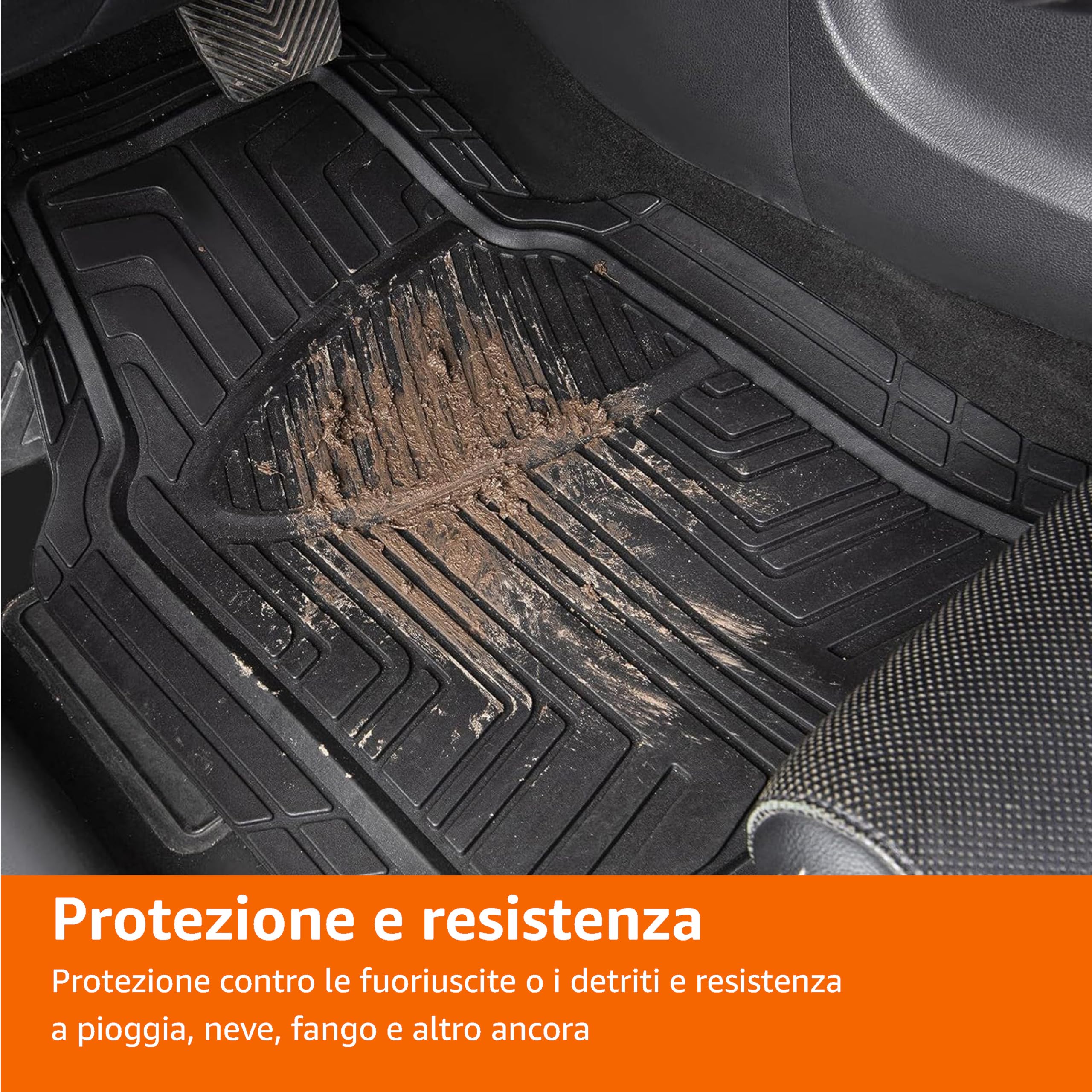 Amazon Basics 4 unità da tappetini in PVC resistente, per auto, SUV, camion, per tutte le stagioni, tappetino del bagagliaio incluso, Nero
