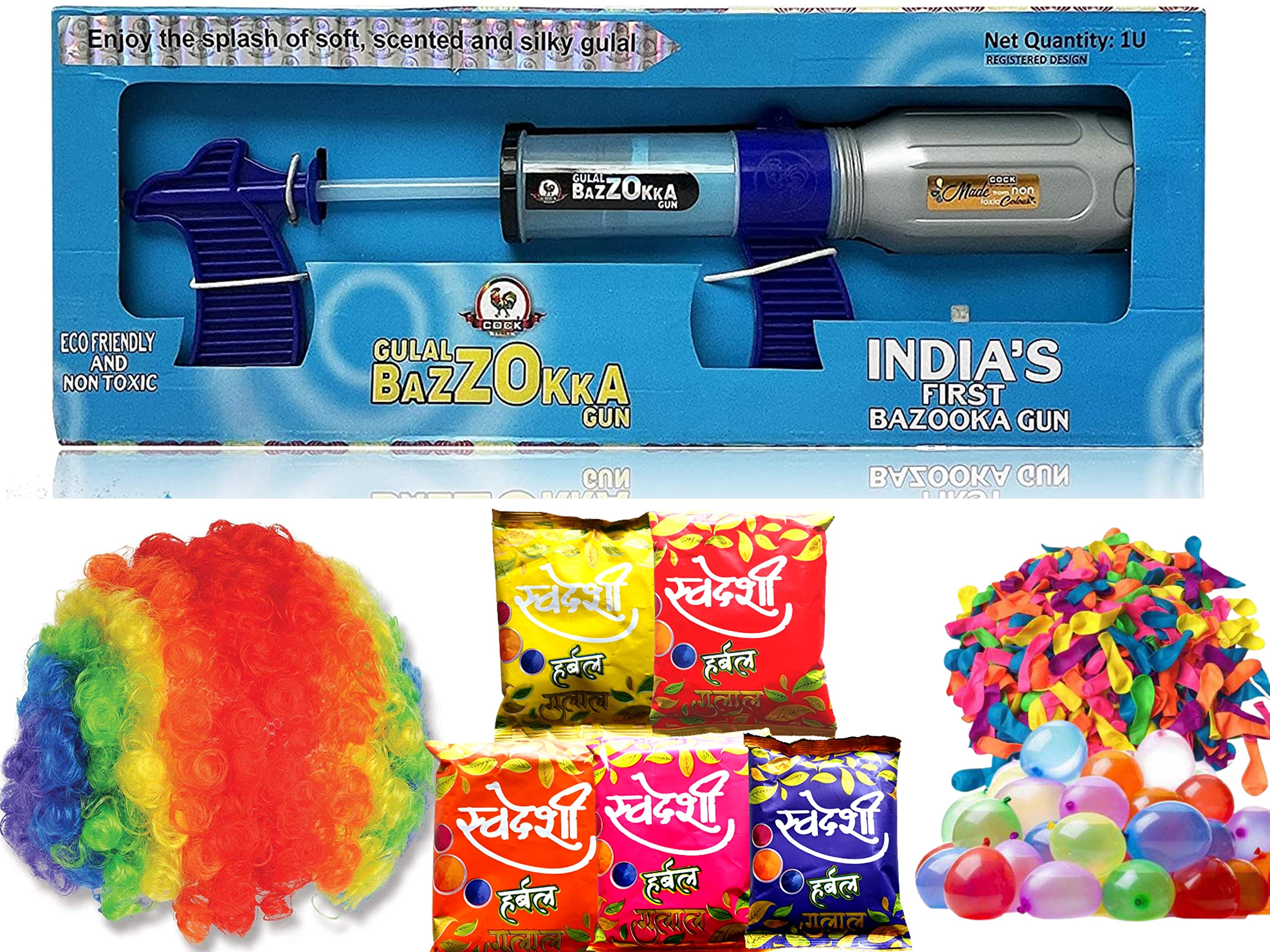 Artonezt Bazzokka Herbal Holi Magic Gulal Gun Shooter Prefilled Pichkari Gun and 1Refill Gulal Pack + 500 Holi Water Balloons + Malinga Hair Wig + 100% Natural and Herbal Gulal Pack of 5