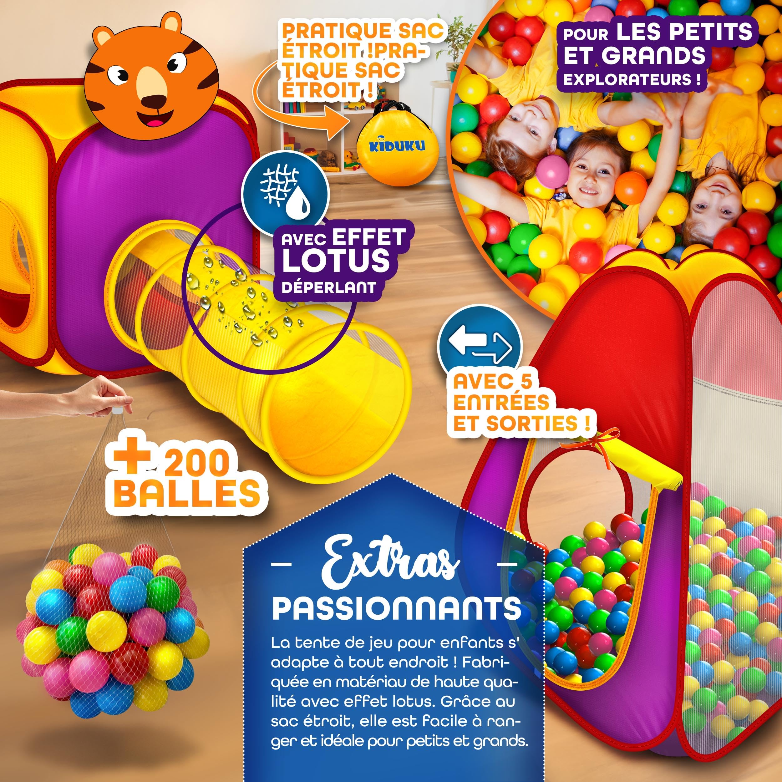 KIDUKU Tente de Jeu 3 éléments avec 200 balles et étui de Transport