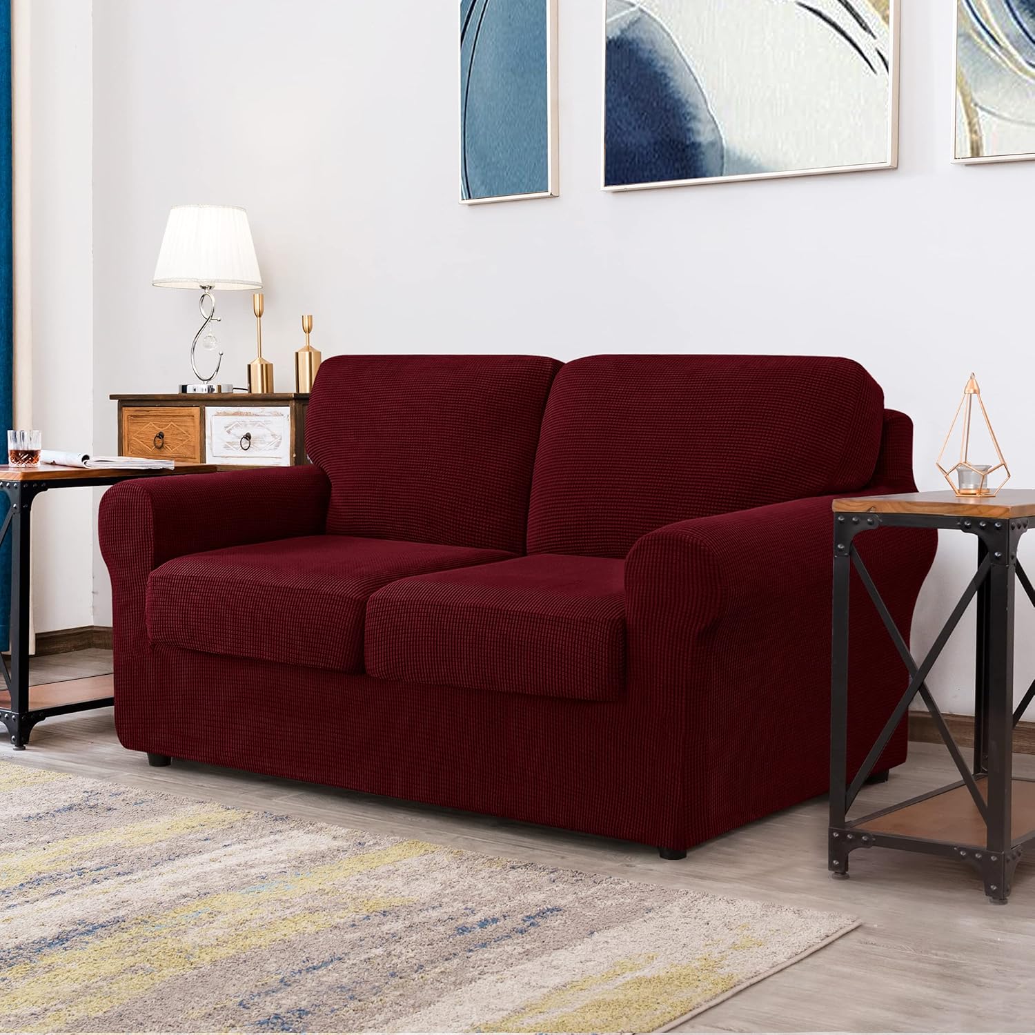 CHUN YI 5 Piece Stretch Loveseat Sofa Cover, 2 Seater Couch Slipcover with Two Separate Backrests and Cushions with Elastic Band, Checks Spandex Jacquard Fabric(Medium,Gray) : Home & Kitchen