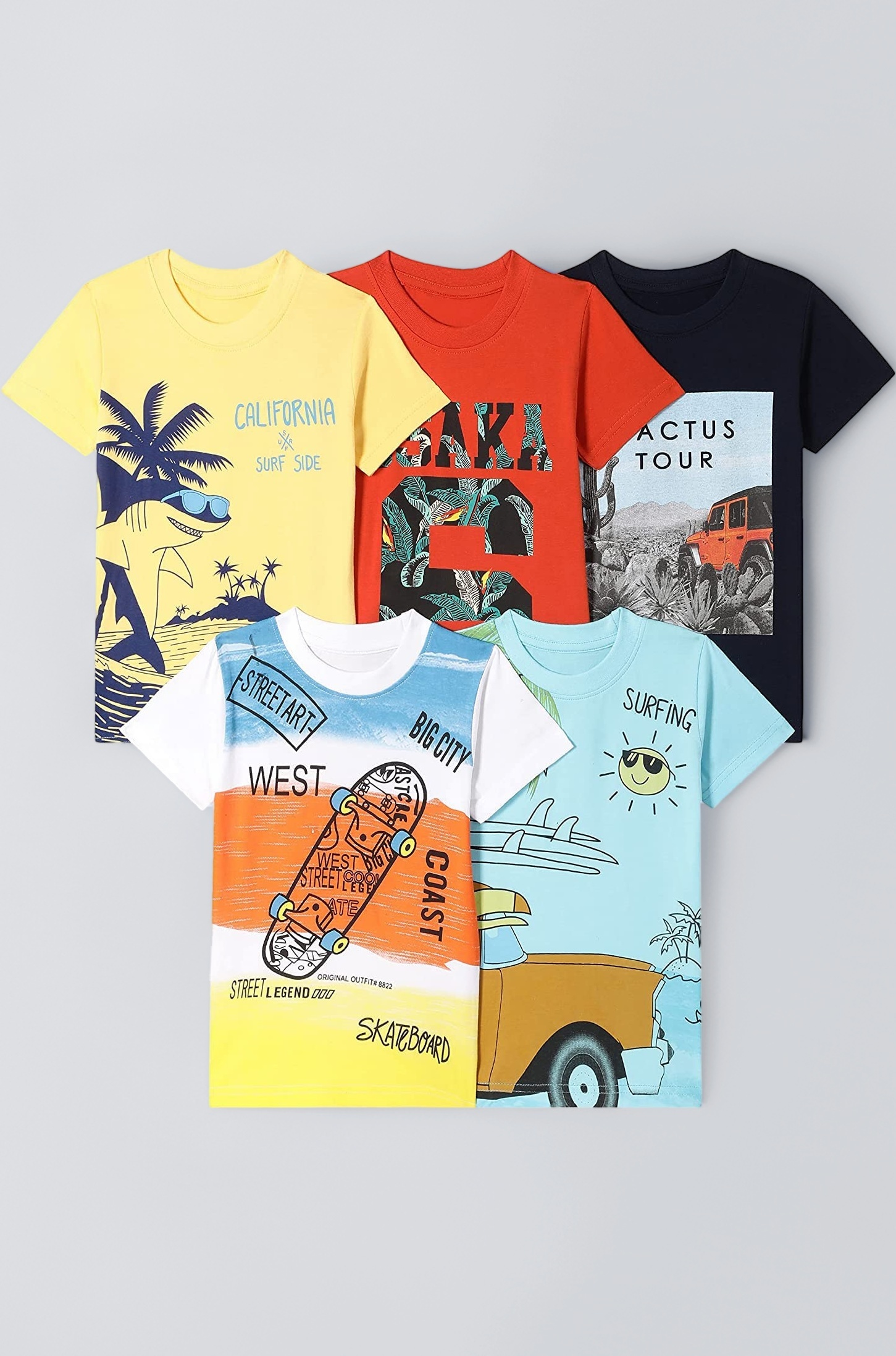 T2F Boy's Cotton Printed Regular Fit T-Shirt(Pack of 5)