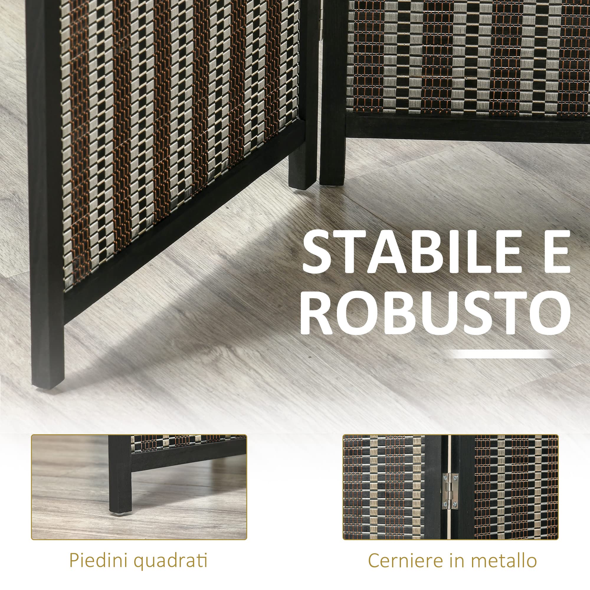 Separé Pieghevole a 4 Pannelli struttura in Legno e Bambù Fantasia