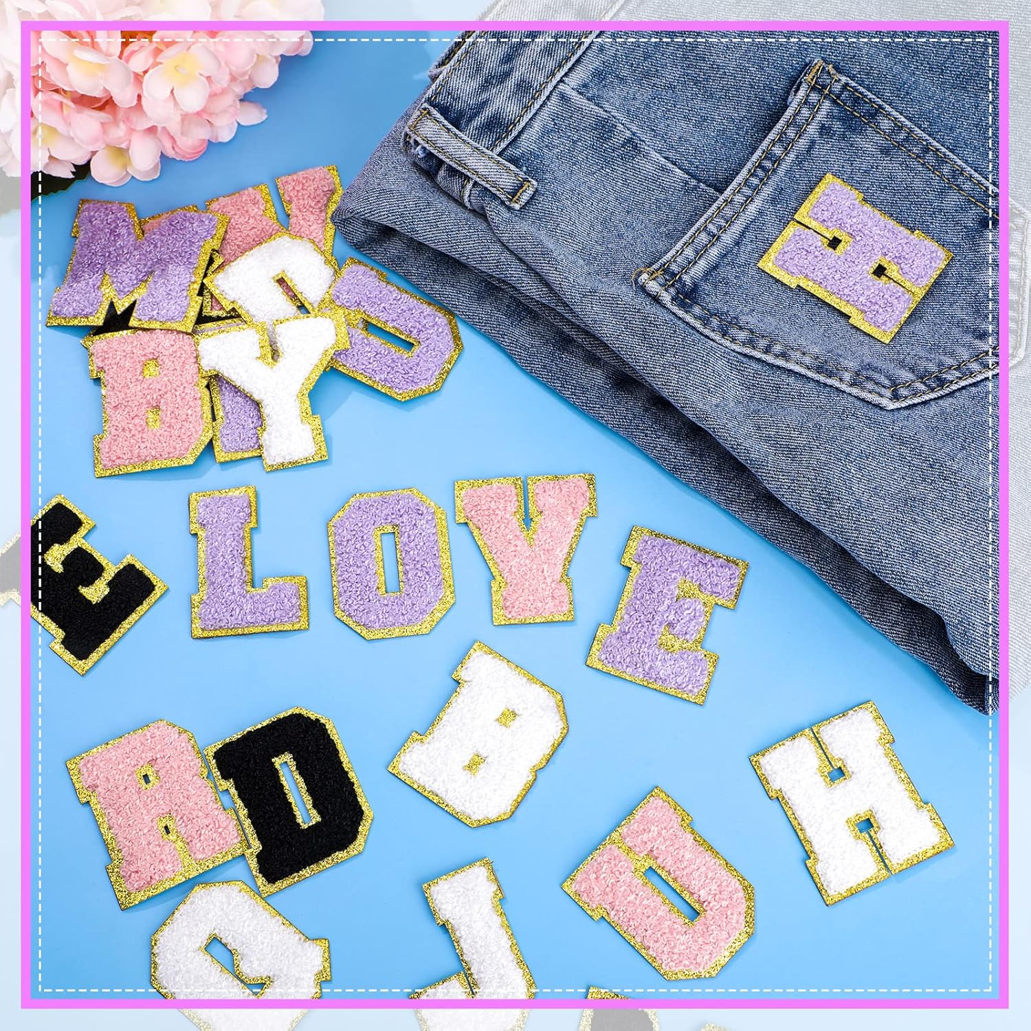 Jutom 104 Pcs Self Adhesive Chenille Letter Patches Chenille Stick on Embroidered Patch for Clothing Jackets Backpacks Hats(Classic,Black, White, Purple, Pink)