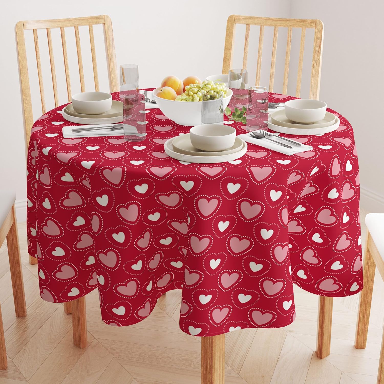 Fabric Textile Products Round Tablecloth, 100% Milliken Polyester, Machine Washable, 90" Round, Hearts in Stitches