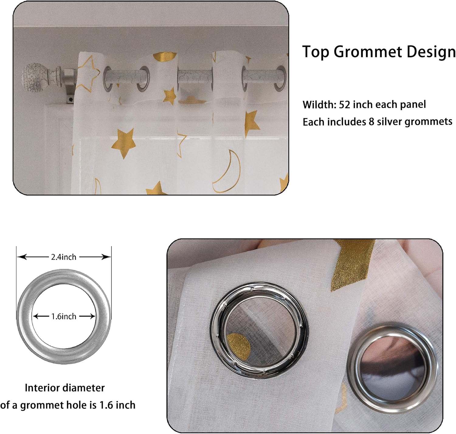 SEEKRIGHT Gold White Sheer Window Curtains - Cute Curtains for Kids Bedroom 95 Inch Long Twinkle Little Star and Moon Gold Foil Print Curtains for Bedroom and Living Room, Set 2 Panels