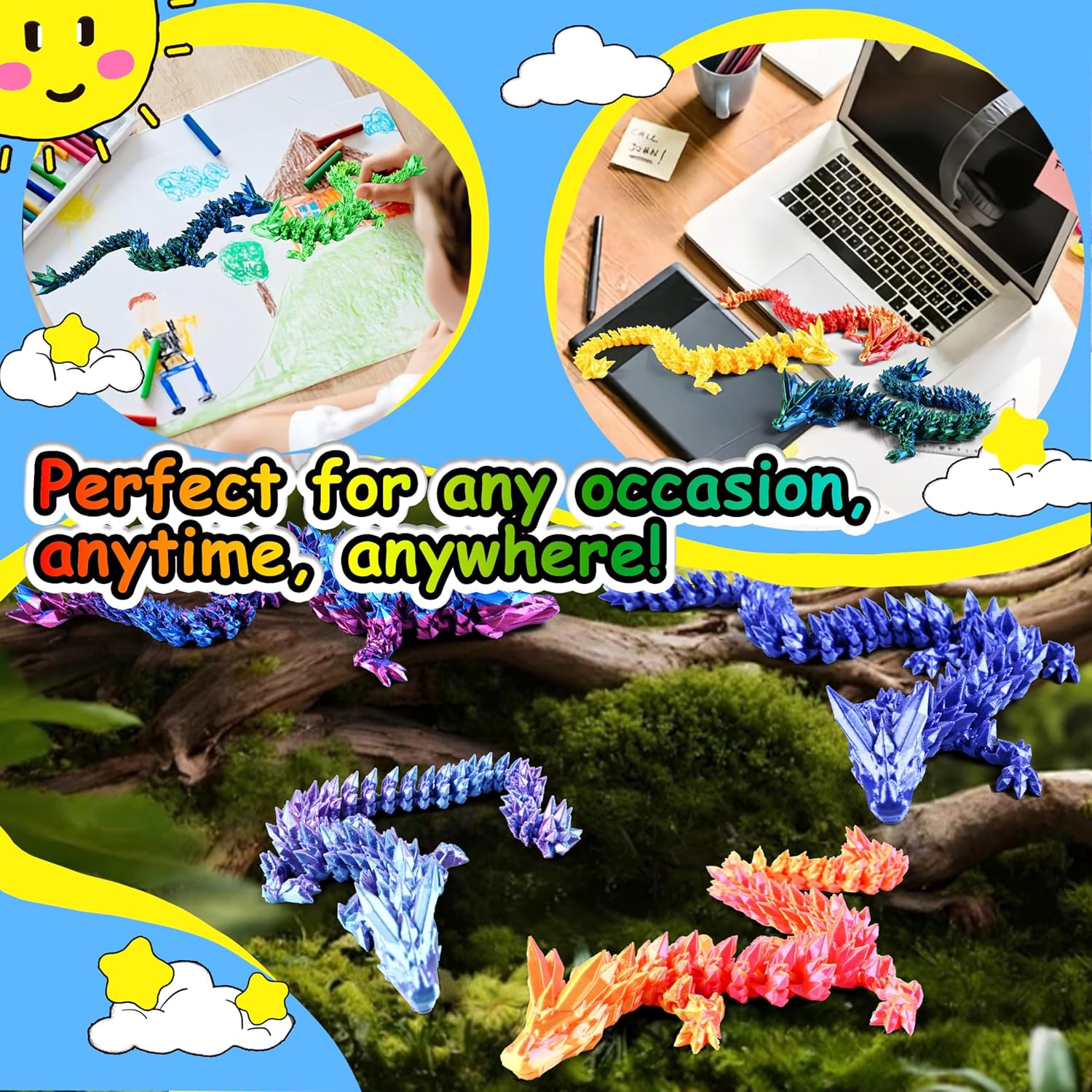 Impossmaker 10PCS Rainbow 12" 3D Printed Dragon Set – Colorful Articulated Crystal Dragons, Cool Fidget Toys & Desk Decor, Unique 3D Printed Animals, Vibrant Gift for Teens, Adults, Fantasy Fans