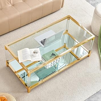 Gold Glass Coffee Table, Modern Acrylic Center Table Living Room Table Luxury Stainless Steel Frame, Rectangle Tempered Glass Top Mirror Bottom