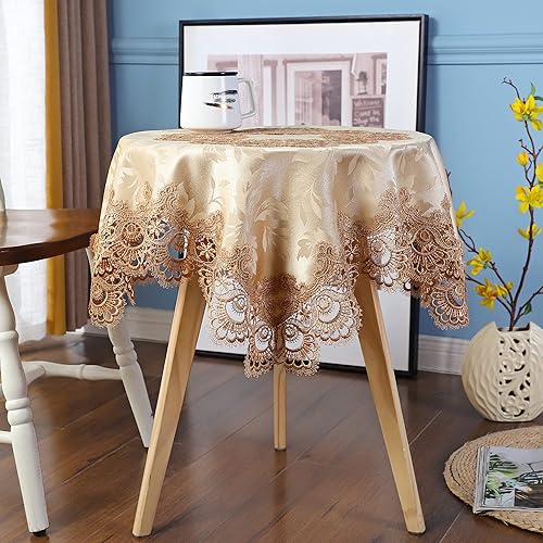 Miniatura 2 de Mantel bordado de encaje cuadrado pequeño de jacquard dorado para decoración de mesa de cocina, comedor, 32 x 32 pulgadas