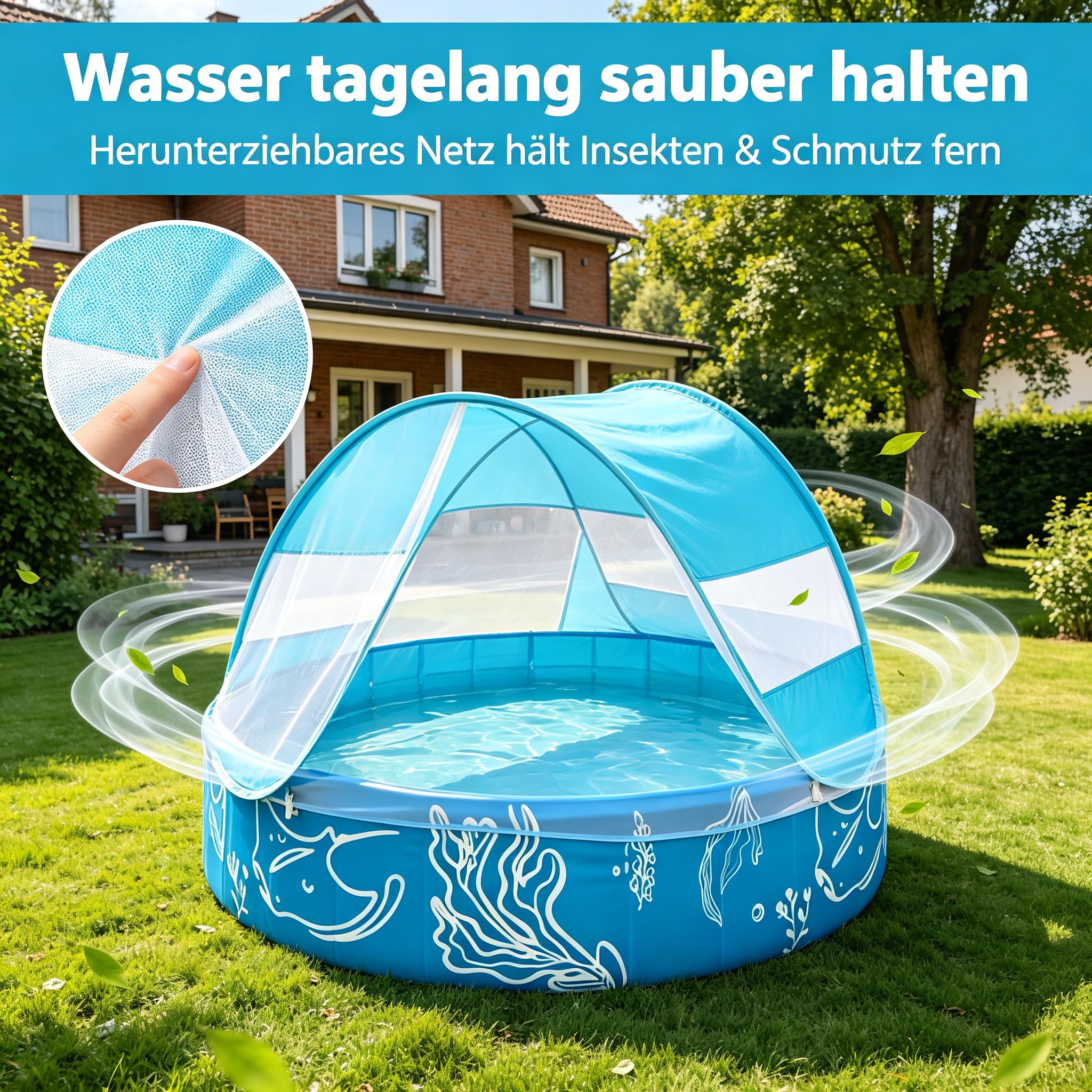 Kinderplanschbecken mit Sonnendach und Netz faltbar rutschfest Nicht | 120 X 30 Zentimeter Tragbarer Pool für Sommer Terrasse Park Reise Outdoor