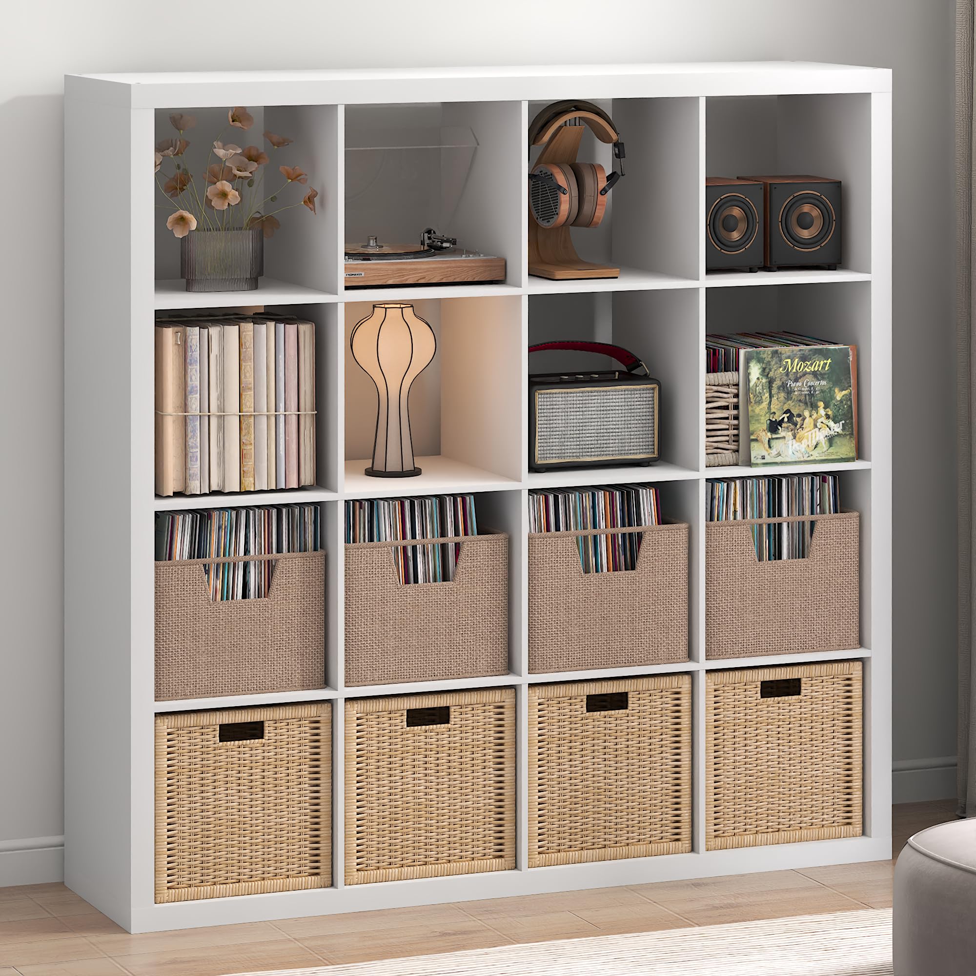 Furinno Cubicle Record Player Stand, 16-Cube Vinyl Record Storage, White