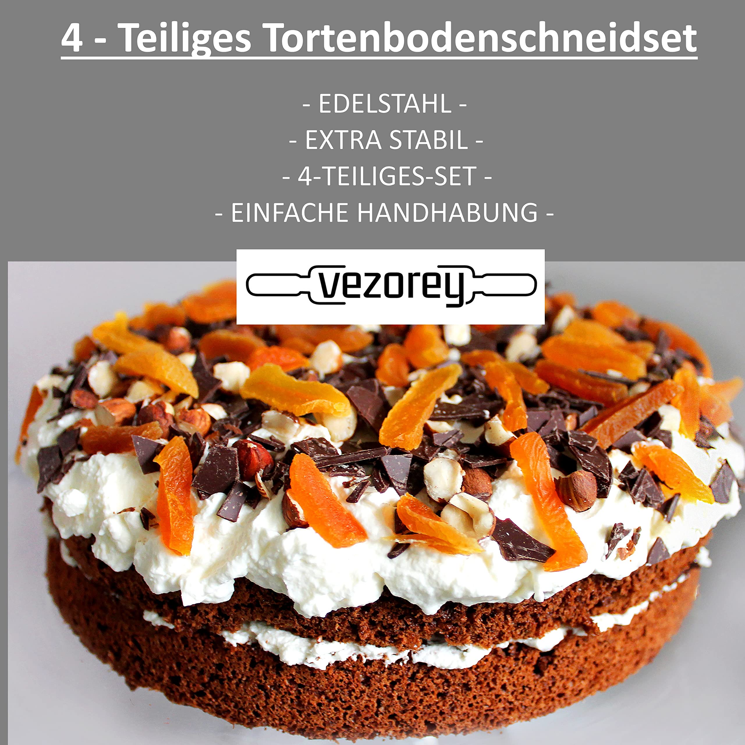 4-teiliges Set Tortenschneider & Tortenbodenschneideset inkl. Tortenheber & Tortenmesser (30cm) - Tortenboden & Tortenteiler Schneidehilfe (16-30cm) - Kuchen- & Torten-Bodenschneider