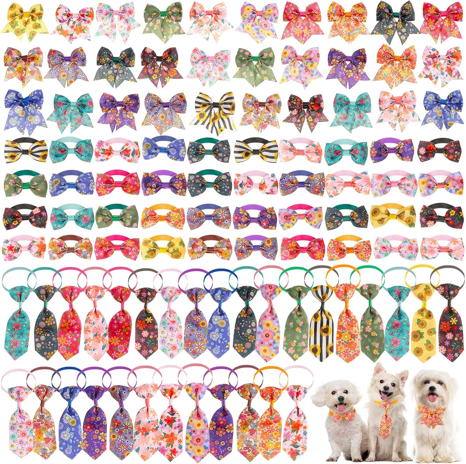 Reginary 100 Pieces Dog Bow Tie Collar Set Include 40 Dog Neckties, and 30 Puppy Bowties, 30 Collar Flowers, Adjustable Pet Ties Grooming for Small Medium Cats Pets Supply(Solid Color)