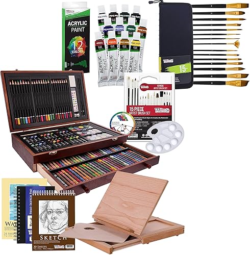 U.S. Art Supply Mega caja de madera set de arte con caballete Solana, 12 pinturas de tubo de aluminio acrílico de color, y cepillos de pintura