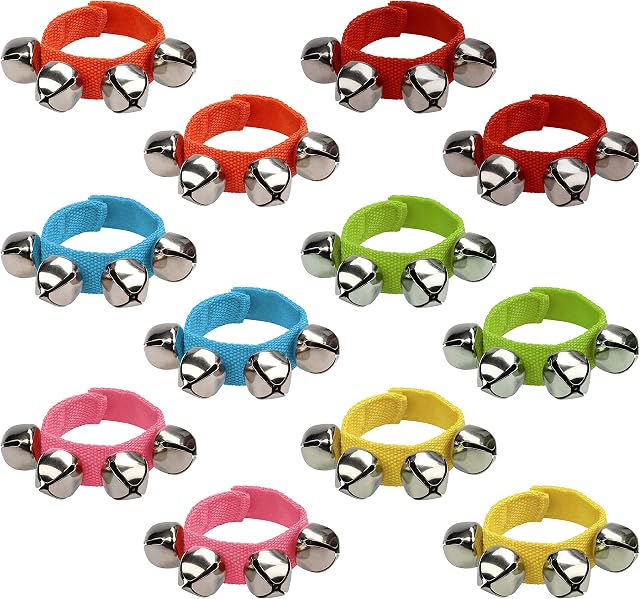 Belle Vous Jingle Bell Wrist & Ankle Band Set in 6 Colours (12 Pack) - Multicolour Musical Instrument Rhythm Bracelet/Anklet Bells - Percussion Toys - Rattles for Kids Party, School and Music Class
