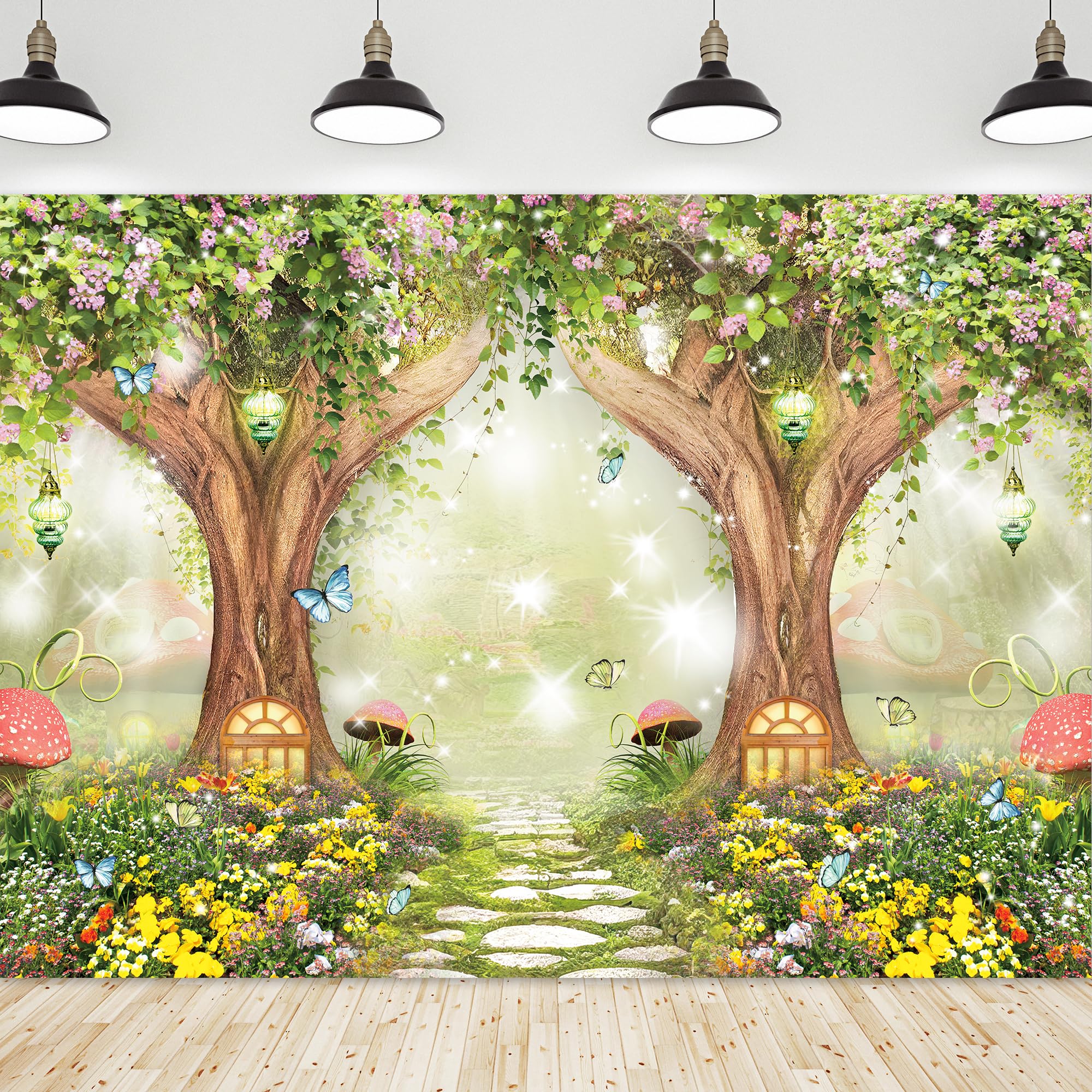 RiyidecorFairy Magic Garden Backdrop Polyester Fabric Wonderland Fairytale World Grass Butterfly 7Wx5H Feet for Kids Princess Photography Background Birthday Wedding Baby Shower Photo Studio Shoot