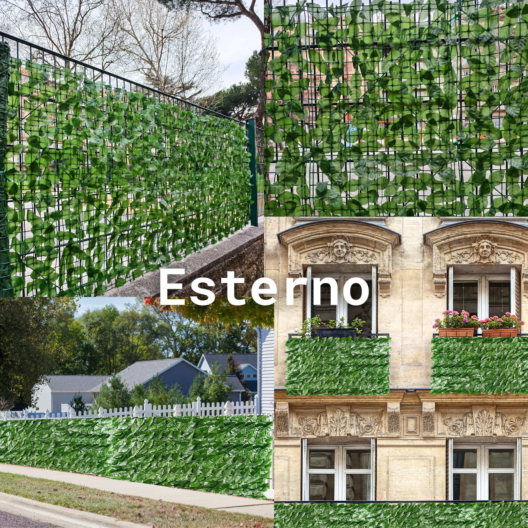 siepe artificiale da esterno e interno, siepe finta per recinzione, edera finta artificiale, frangivista balcone e recinzione giardino, 50 fascetti verdi inclusi (FOGLIE DI LAURO, 1x3 Mt)