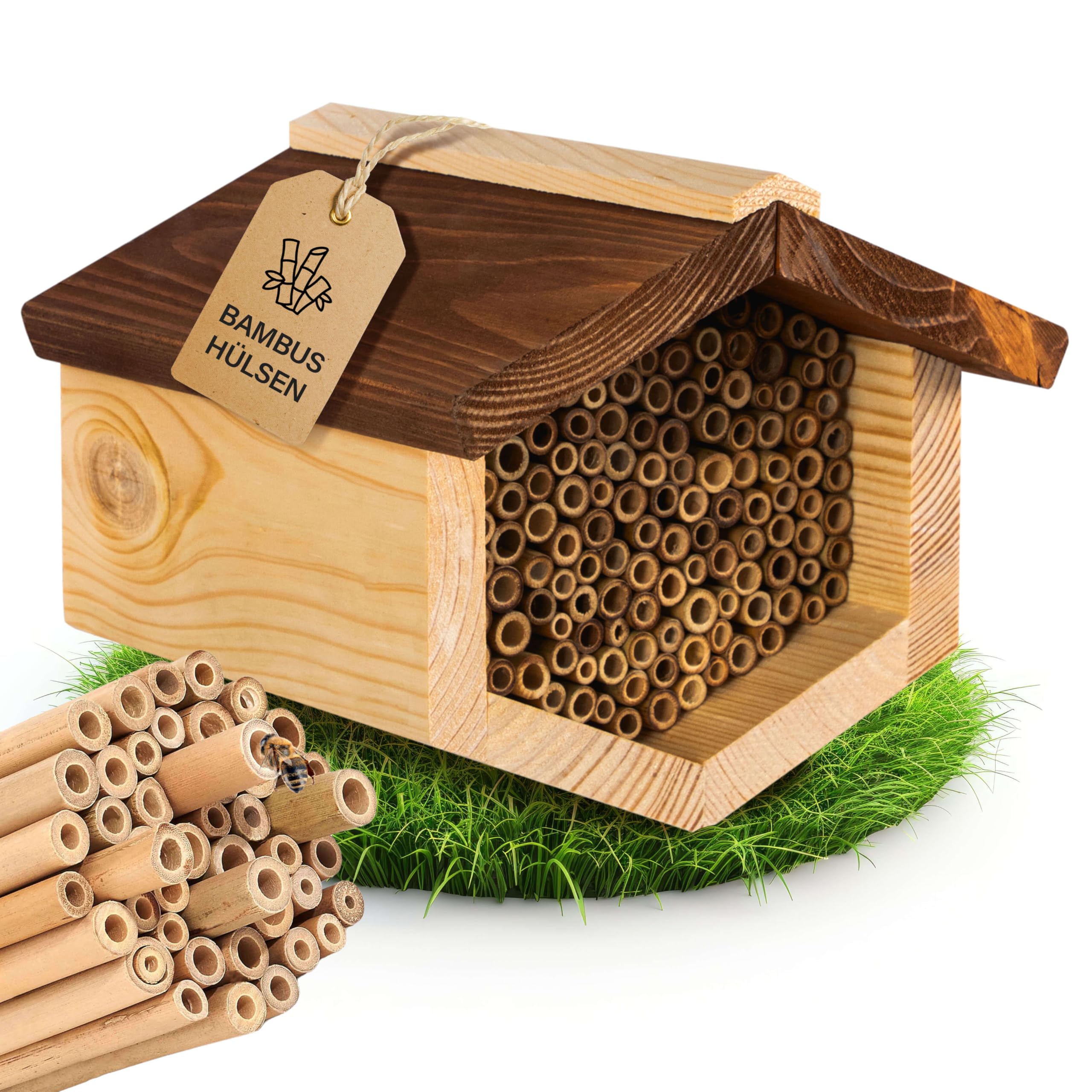 BEESI Bienenhotel aus Holz mit imprägniertem Dach - Premium Insektenhaus für mittelgroße & große Wildbienen - Nistkasten mit splitterfreien Bambusröhrchen - Nisthilfe zum Aufhängen