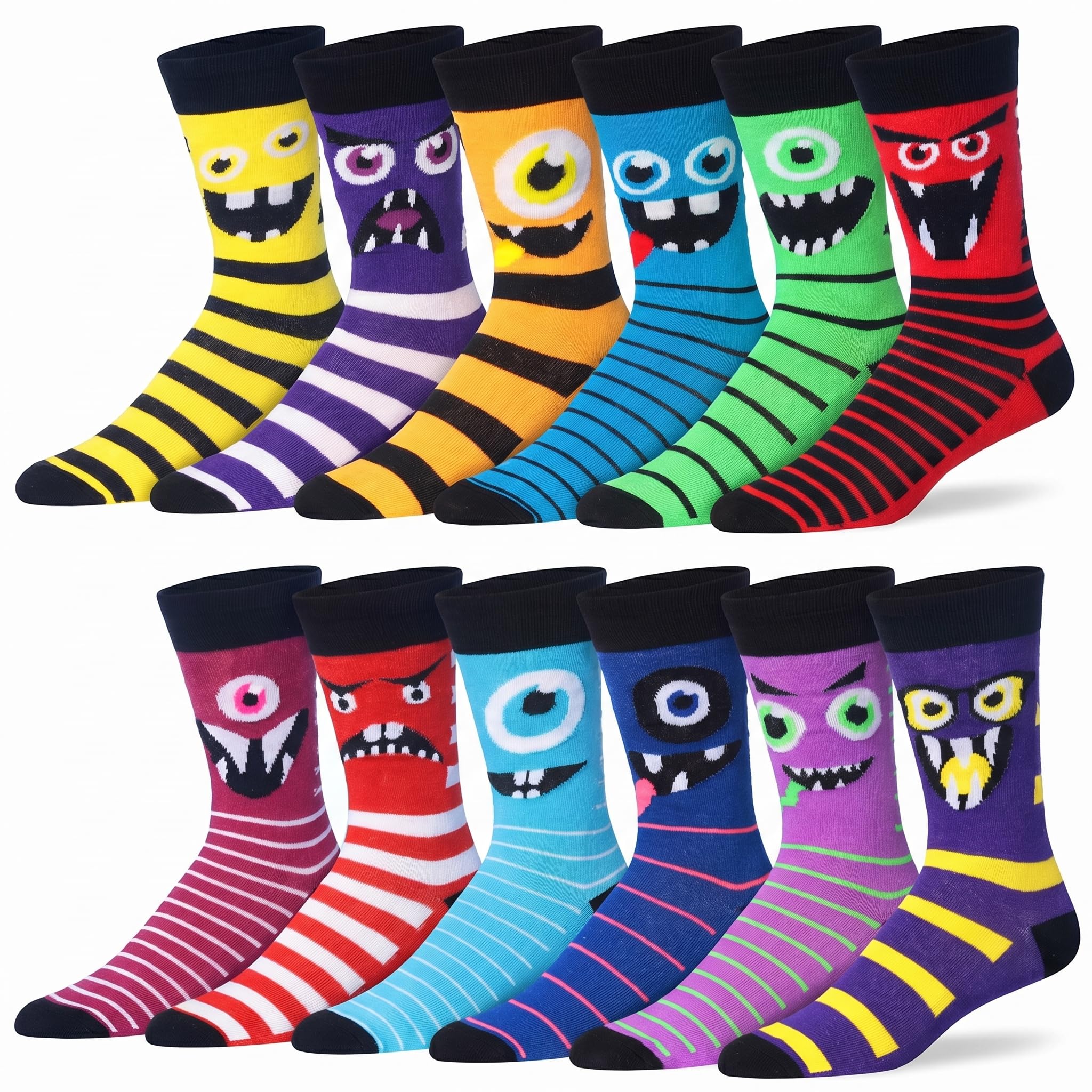 JAMES FIALLO Dress Socks for Men, Men's Casual Colorful 12-Pairs Monster Characters Stripes Funny Novelty Funky Crazy Socks For Men Colorful Patterned Dress Sock, M191-T1