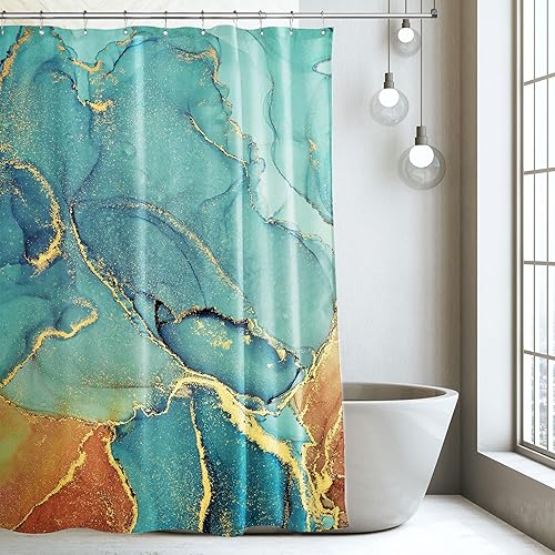 Miniatura 2 de Someklly Cortina de ducha moderna de mármol de 60 pulgadas de ancho x 71 pulgadas de largo, arte abstracto verde azulado, textura agrietada, juego