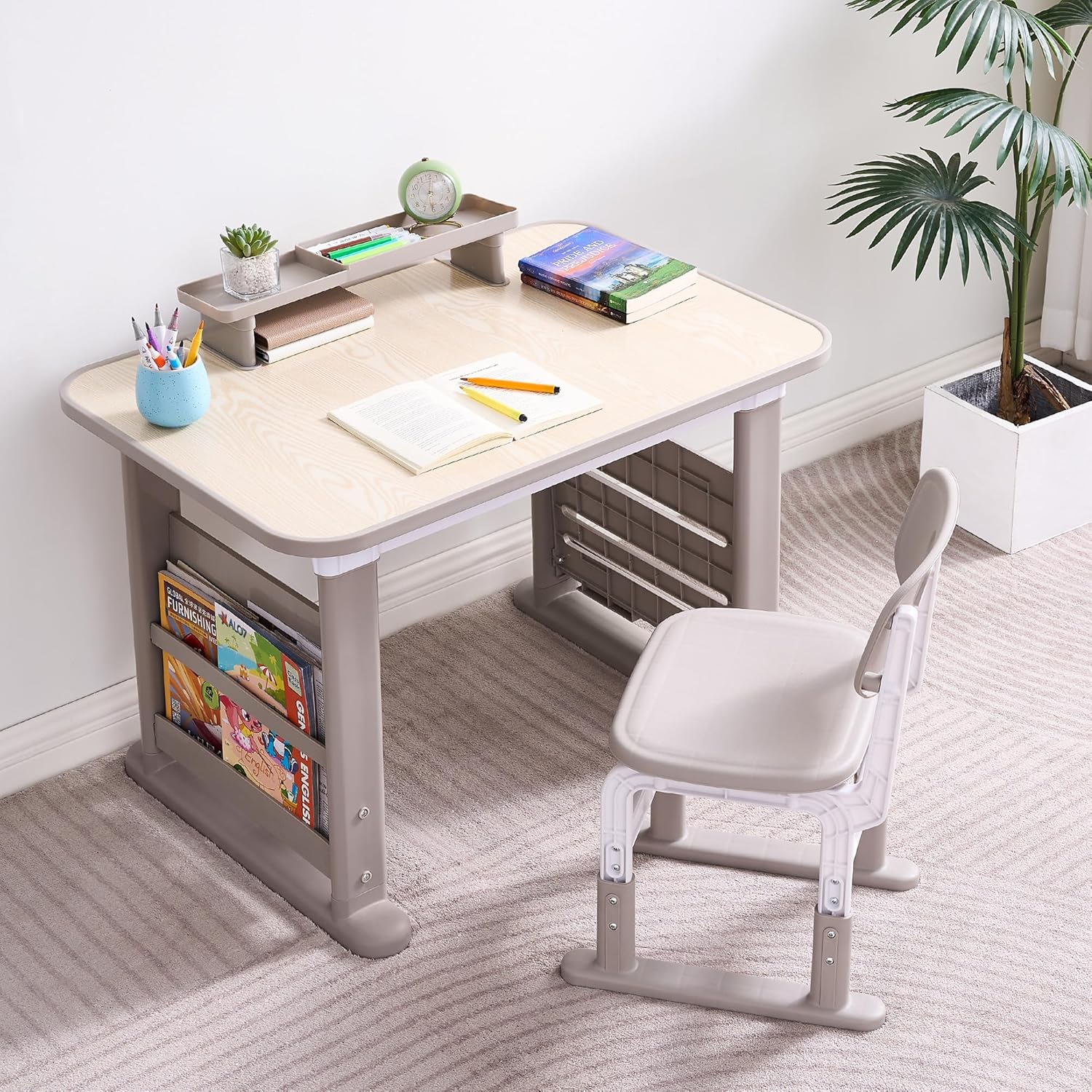 Product image of Kids Desk and Chair Set, Height Adjustable Childrens Study Desk, Graffiti Table for 3-12 Years, Kids Art Table with Side Bookshelf and Storage, Multi-Functional for Bedroom & Study Room(Grey)